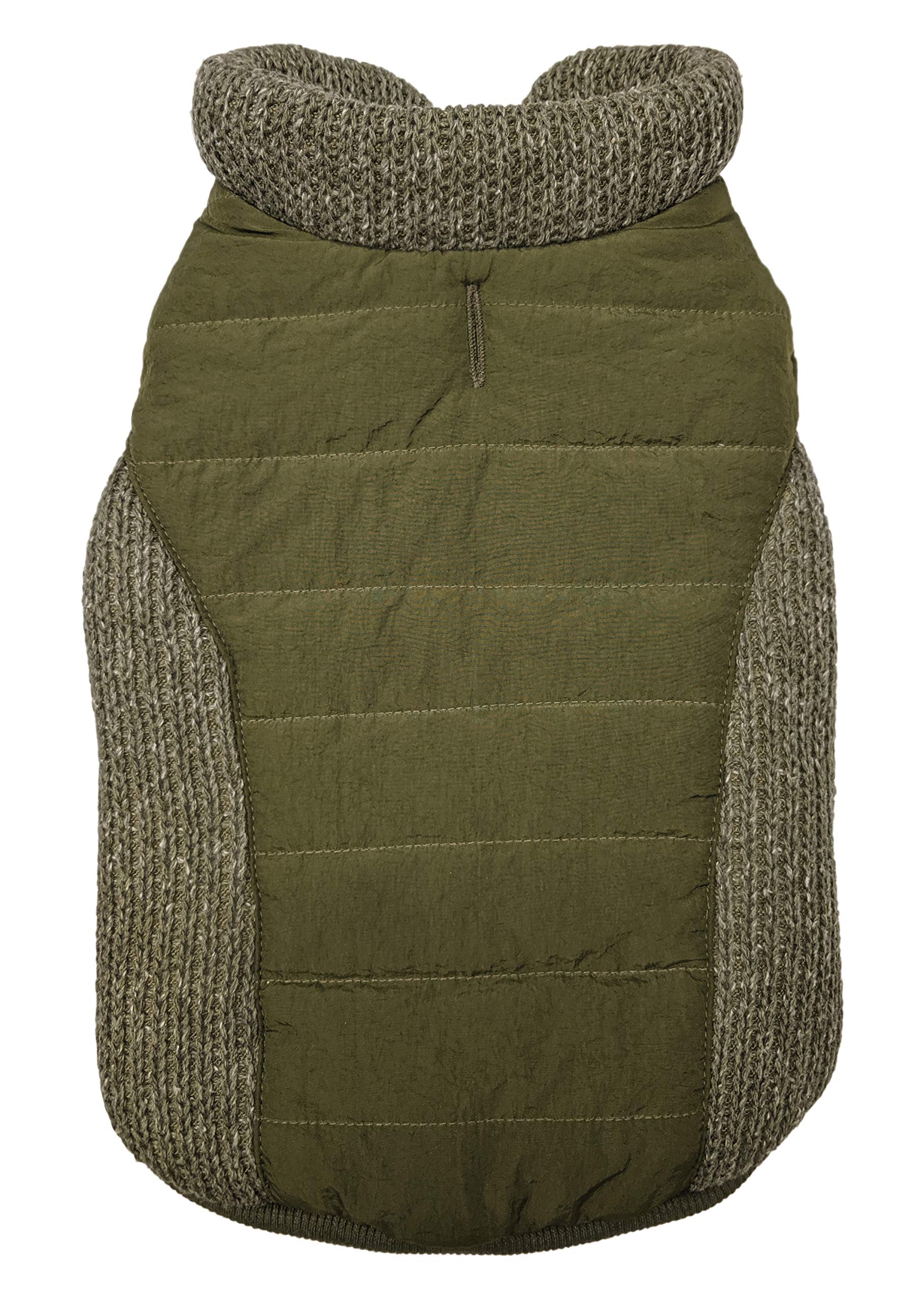 Extra Large Olive Puffy Coat with Sweater Trim for Dogs - Warm Winter Dog Jacket for Outdoor Walks and Cold Weather Protection