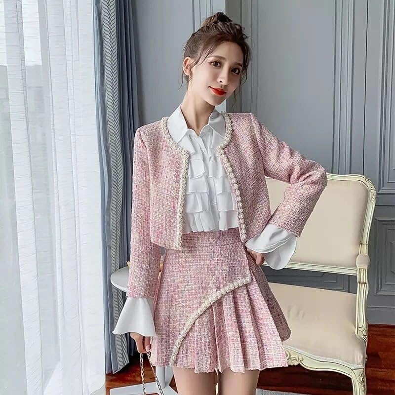 Elegant Women's Autumn Winter 3-Piece Tweed Suit Set - Slim Coat, Skirt & Blouse Outfit for Office, Party & Formal Occasions