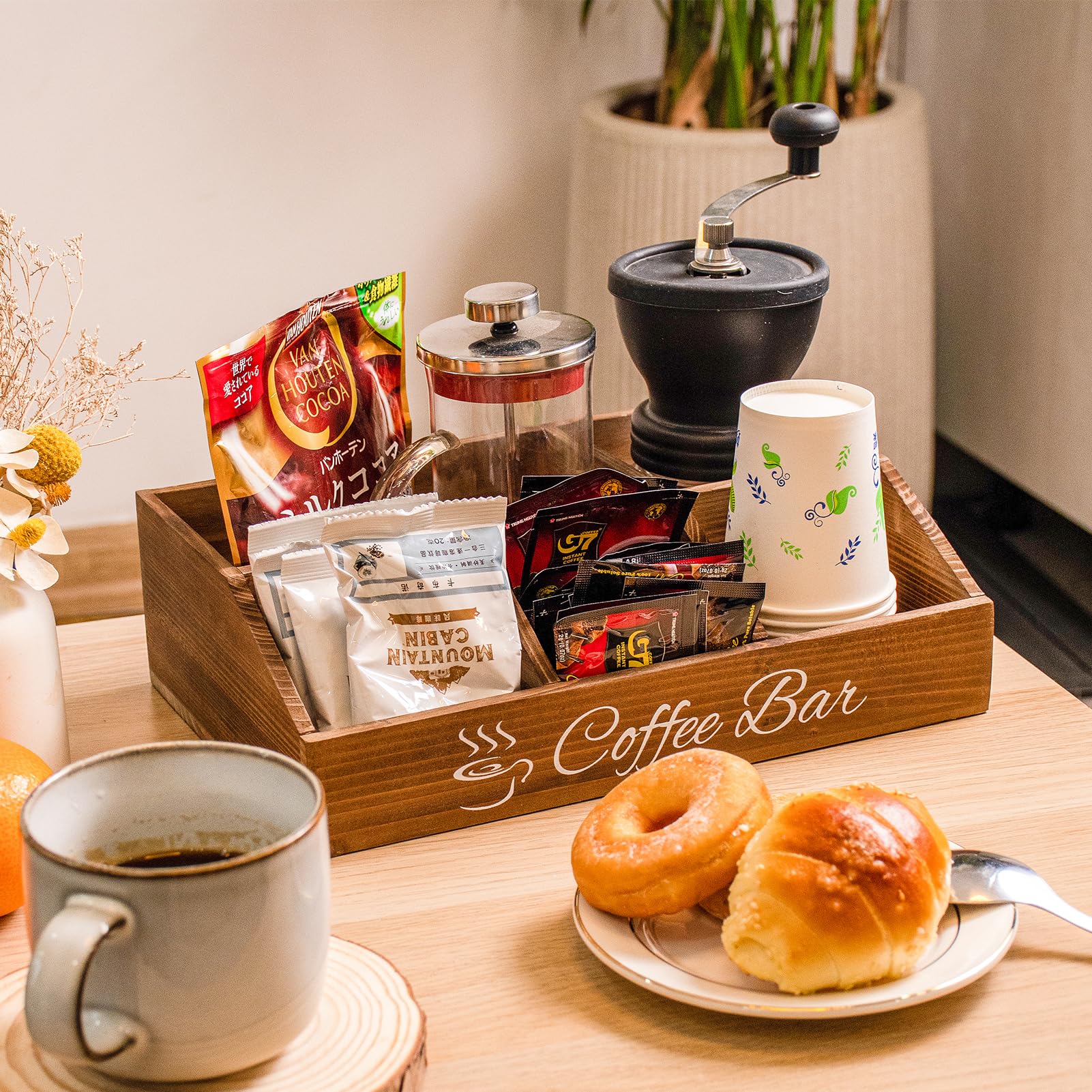 Rustic Brown Wooden Coffee Bar Organizer - Farmhouse Kitchen Counter Accessories Box for Tea, Condiments, Pods, Syrup, Bags, Cups & Stirrers - Wooden Storage Basket for Coffee Station - Perfect for Home, Office & Cafe Decor