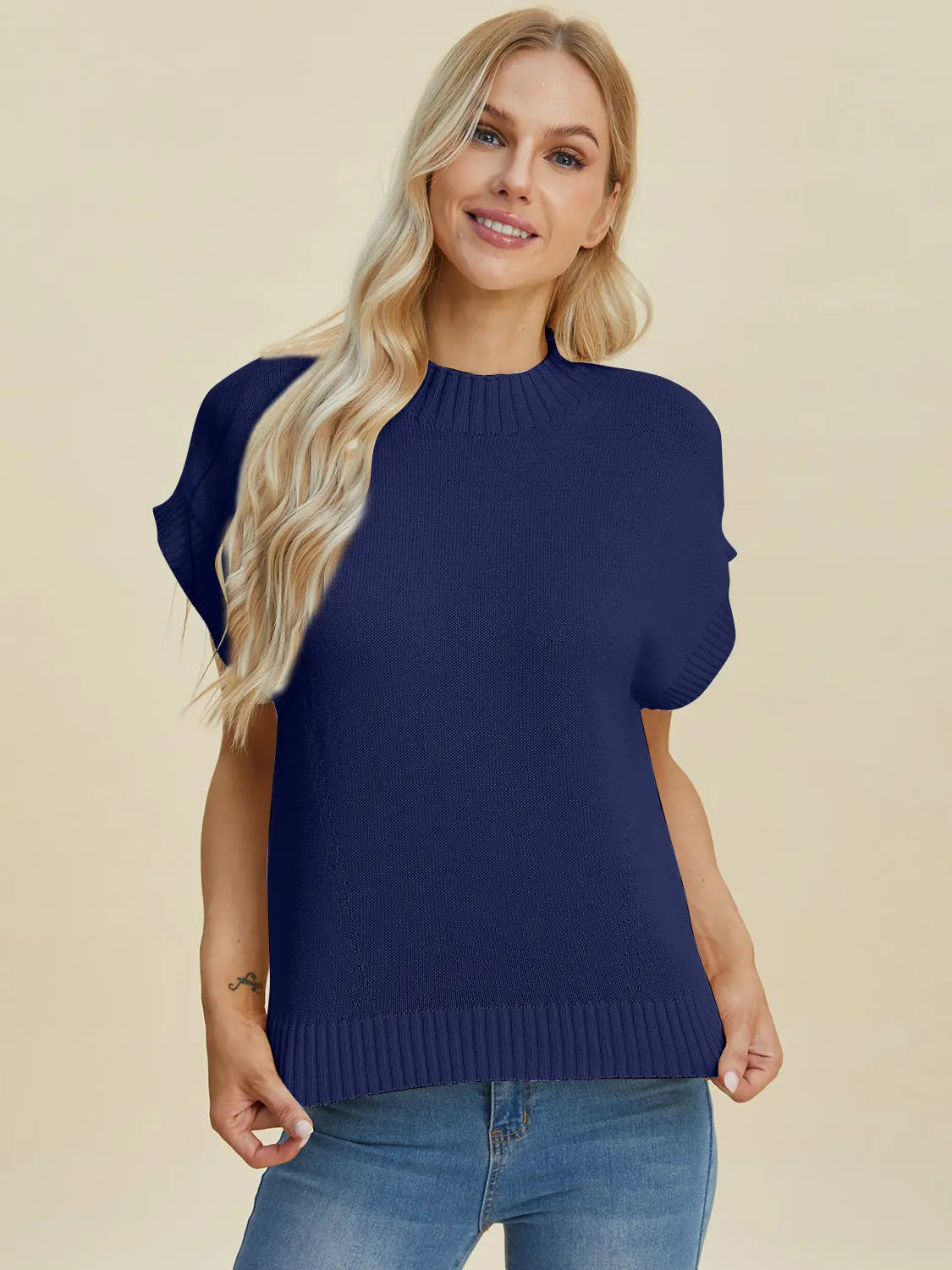 Double Take Full Size Mock Neck Short Sleeve Sweater for Women - Soft Knit Pullover Top for Casual Wear & Office Outfits | Perfect for Fall & Winter Layering
