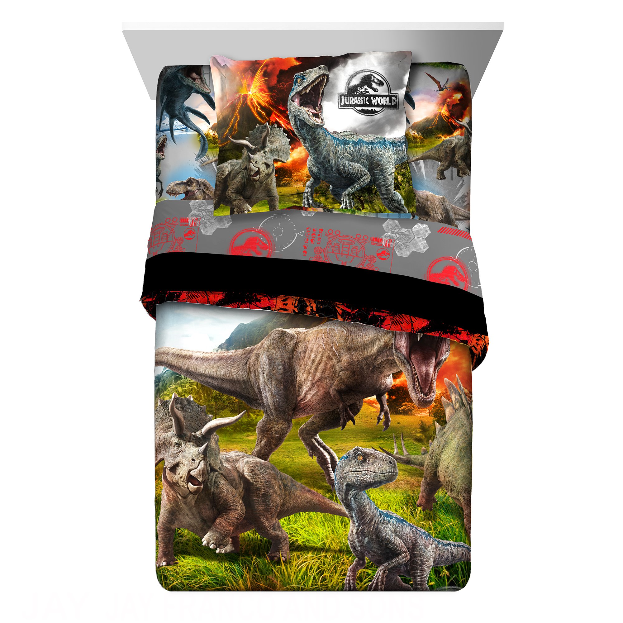 Jurassic World 2 Themed 5-Piece Twin Bedding Set - Comforter, Sheets, Blanket & Pillowcases - Dinosaur Themed Kids' Room Decor for Boys & Girls - Perfect for Movie Nights & Themed Bedrooms