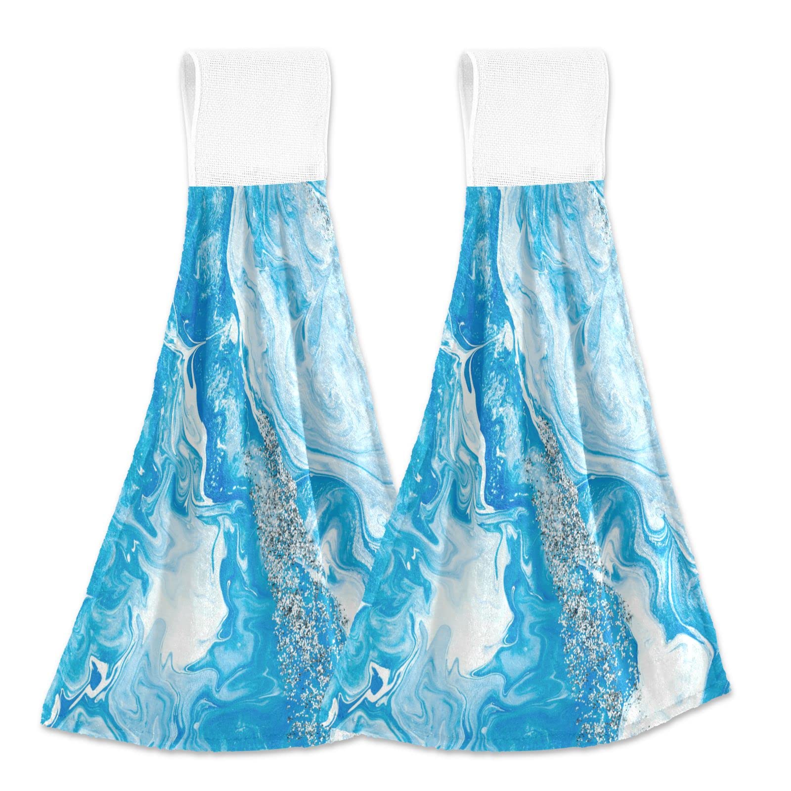 Premium Blue Marble Hand Towels Set of 2 - Ultra Soft Absorbent Bath & Kitchen Towels - Turquoise Teal Coral Fleece Washcloths for Bathroom, Dish Drying & Decorative Hanging - Perfect for Home, Spa & Gift Use