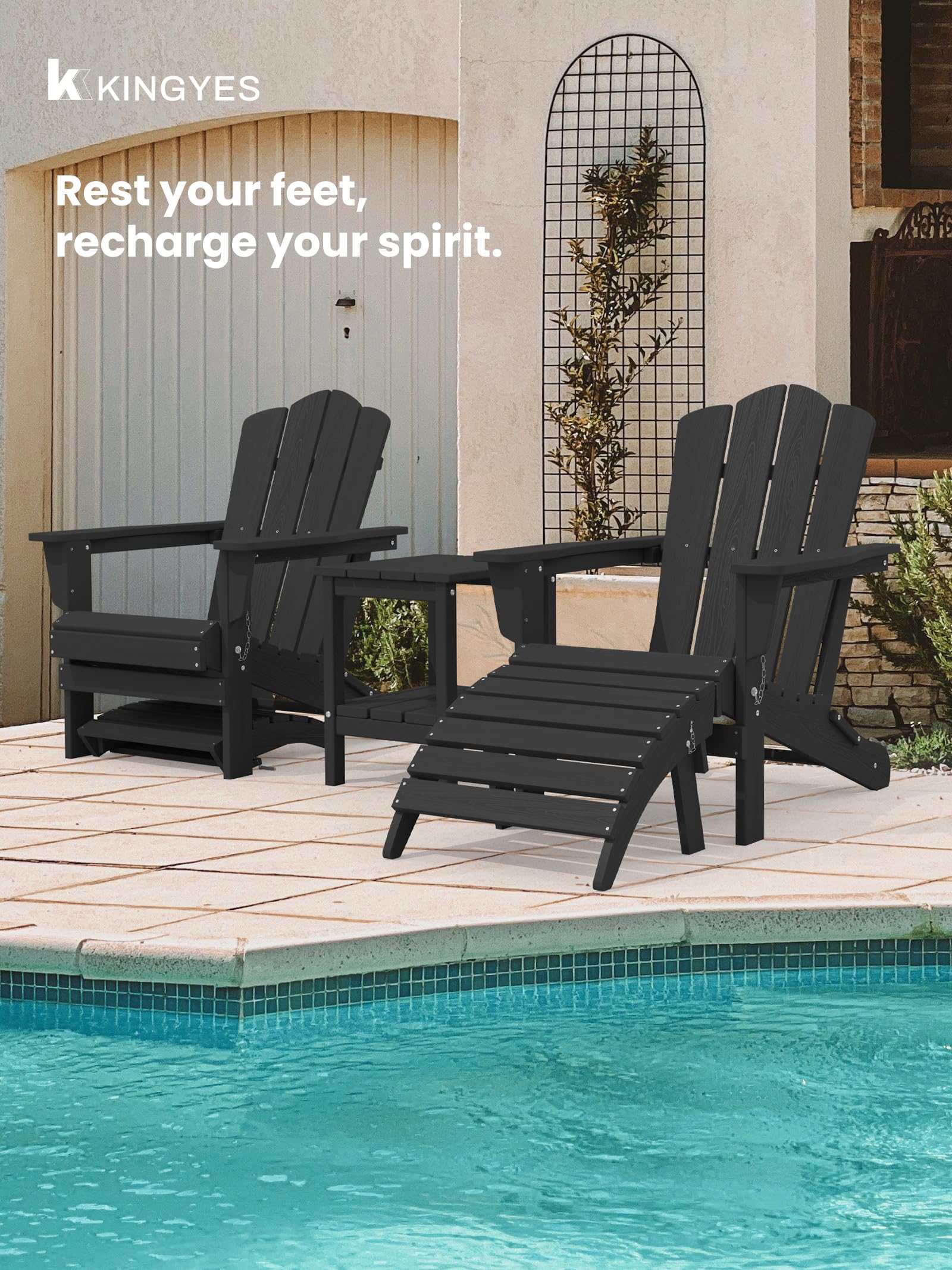 KINGYES Folding Adirondack Ottomans Set of 2 - Black Outdoor Patio Furniture for Adirondack Chairs | Perfect for Poolside, Deck, Garden & Backyard Relaxation