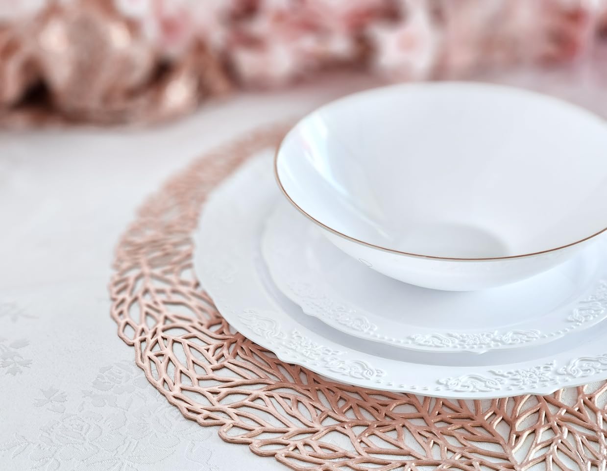 120-Pack Pressed Vinyl Metallic Placemats - Rose Gold Wedding Table Decor, Spring Party Centerpiece for Dining Table, Buffet & Special Events