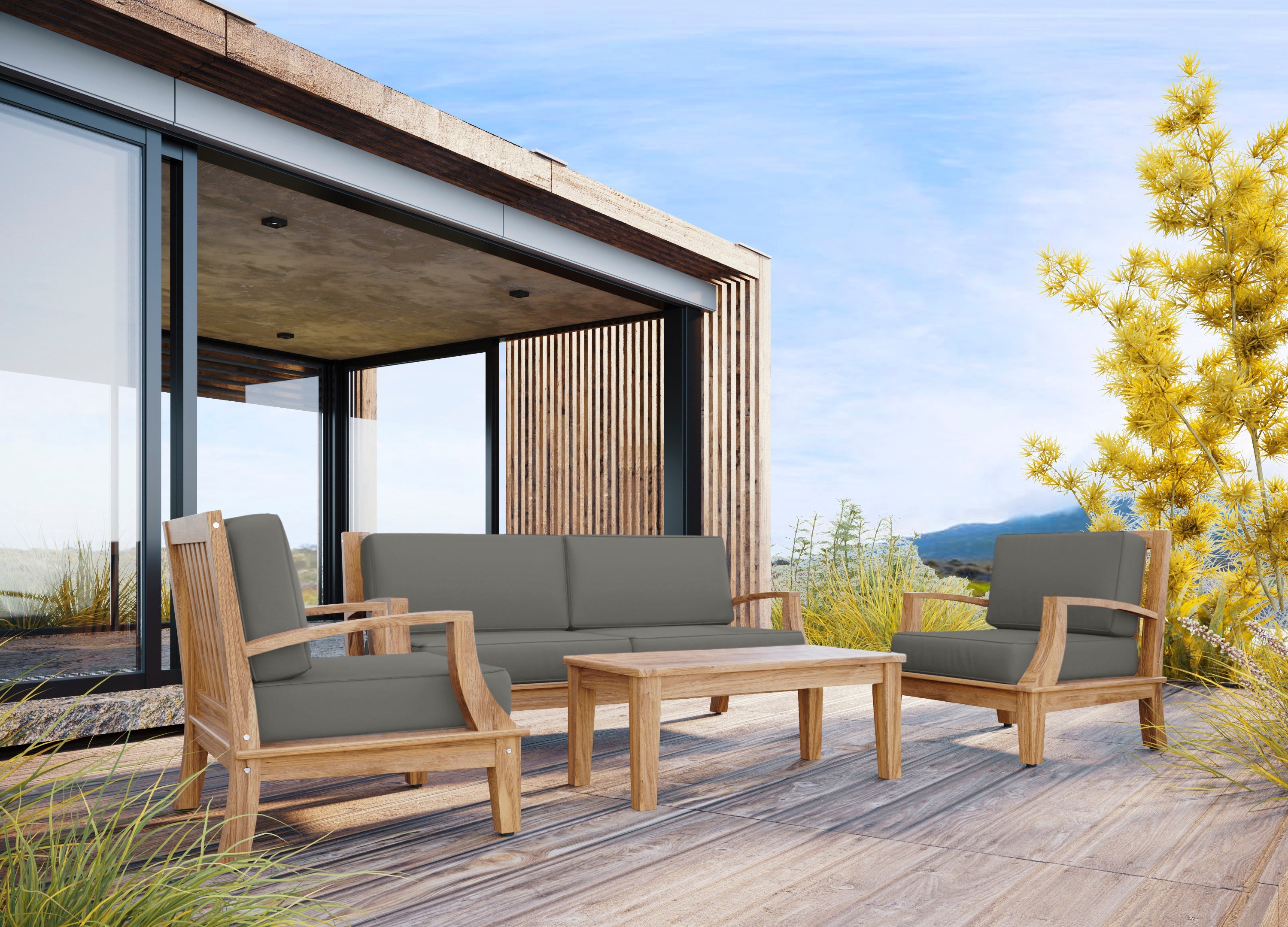 Eliane 3-Person Teak Outdoor Sofa with Sunbrella Charcoal Cushion - Waterproof Patio Furniture for Garden, Poolside & Backyard Relaxation