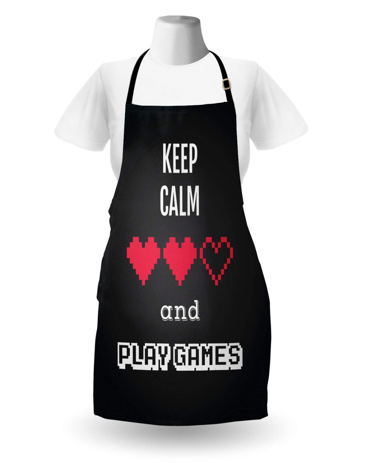 Lunarable Gamer Apron - Keep Calm & Game On Video Game Themed Kitchen Bib with Adjustable Neck - Unisex Cooking & Gardening Apron for Adults - Charcoal Grey & Vermilion Ombre Design - Perfect for Gaming Parties, BBQ Cooking & Indoor Gardening