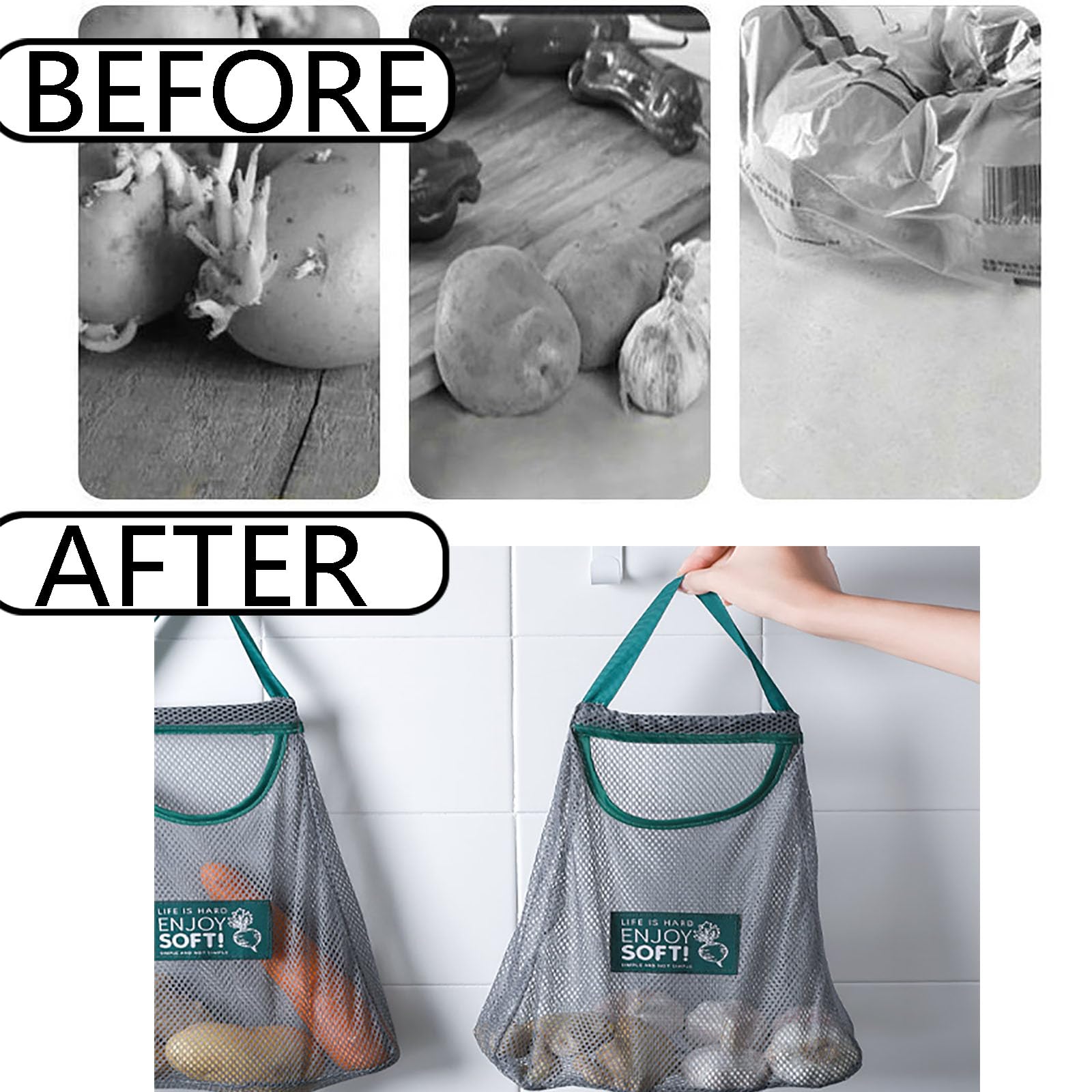 3pcs Reusable Hanging Mesh Produce Bags - Eco-Friendly Breathable Net Storage Bags for Fruits, Vegetables, Garlic, Onions, Potatoes - Perfect for Home Kitchen, RV, Camping & Grocery Shopping - Reduce Plastic Waste