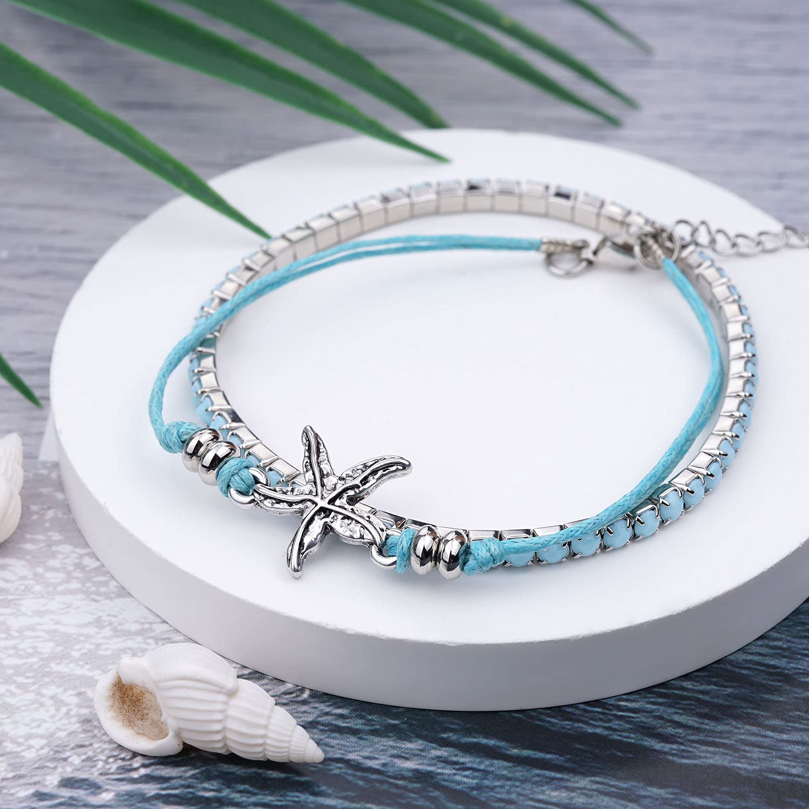 Boho Beach Bracelets for Women - Adjustable Starfish, Turtle & Conch Shell Anklets with Turquoise Beads | Stretch Foot Jewelry for Summer Vacation, Pool Party & Beach Wedding Accessories