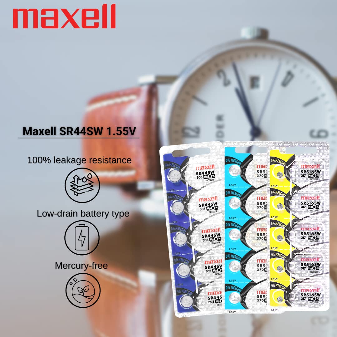 Maxell SR44SW 303 Watch Battery - 5 Pack Button Cell Batteries for Watches, Calculators, and Small Electronics - Long-Lasting Power Supply