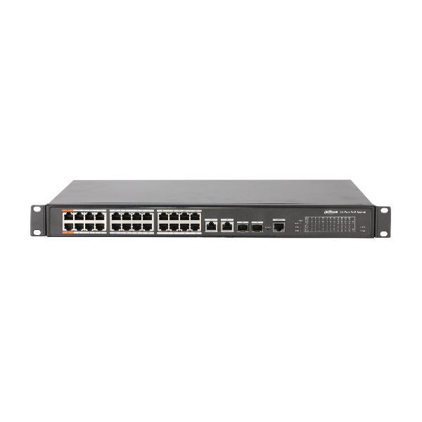 Dahua 24 Port PoE Switch 360W, 24-Port Gigabit Ethernet Network Switch with 360W Power Over Ethernet, Plug-and-Play, Fanless Design for IP Cameras, VoIP Phones, Wireless Access Points - Ideal for Home Security, Office Networks, and Business Surveillance Systems