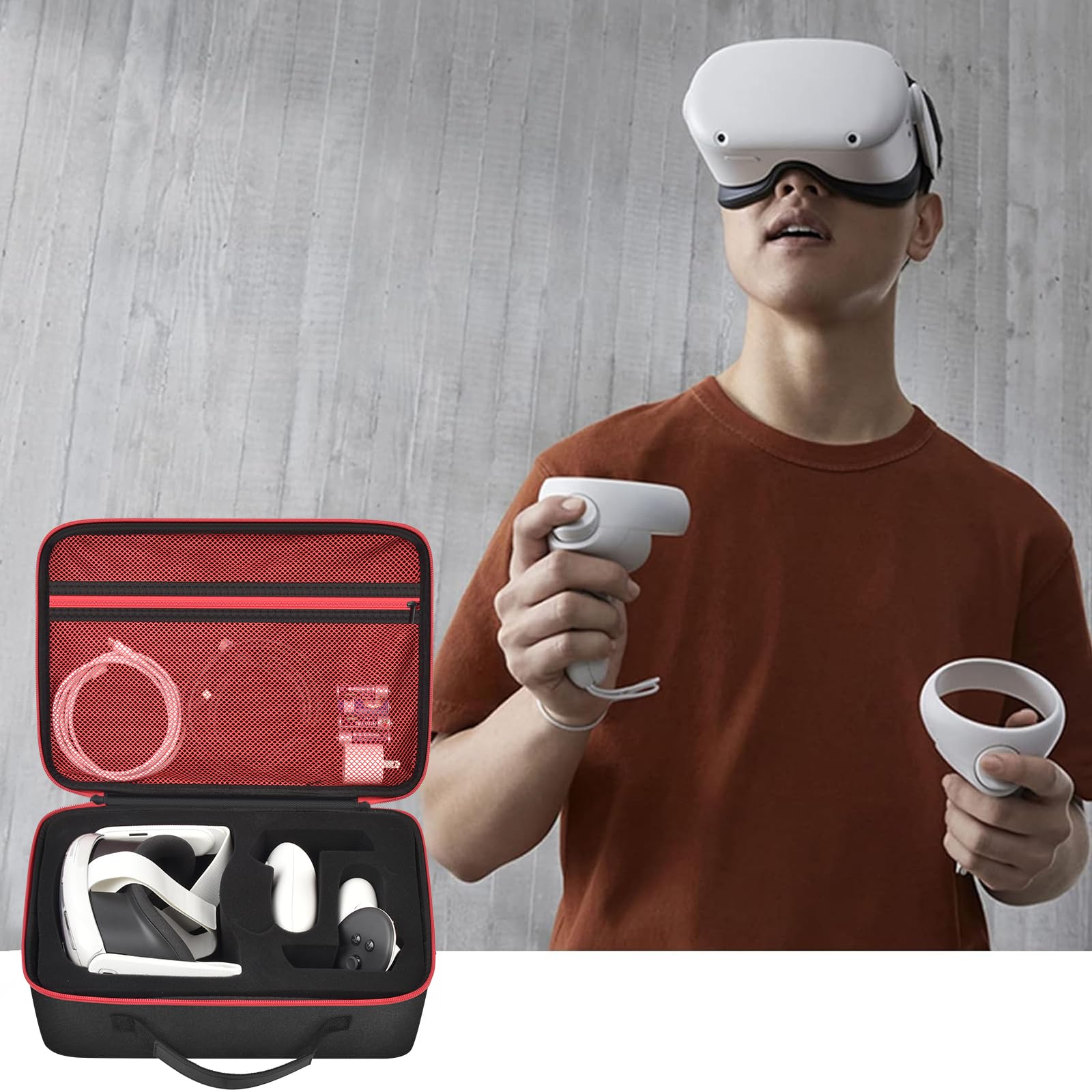 Meta Quest 3/3S & Oculus Quest 2 VR Headset Travel Case - Protective Hard Shell Storage Bag with Silicone Face Cover, Lens Protector & Accessories (Red Zipper) - Perfect for Gaming, Travel & VR Equipment Protection