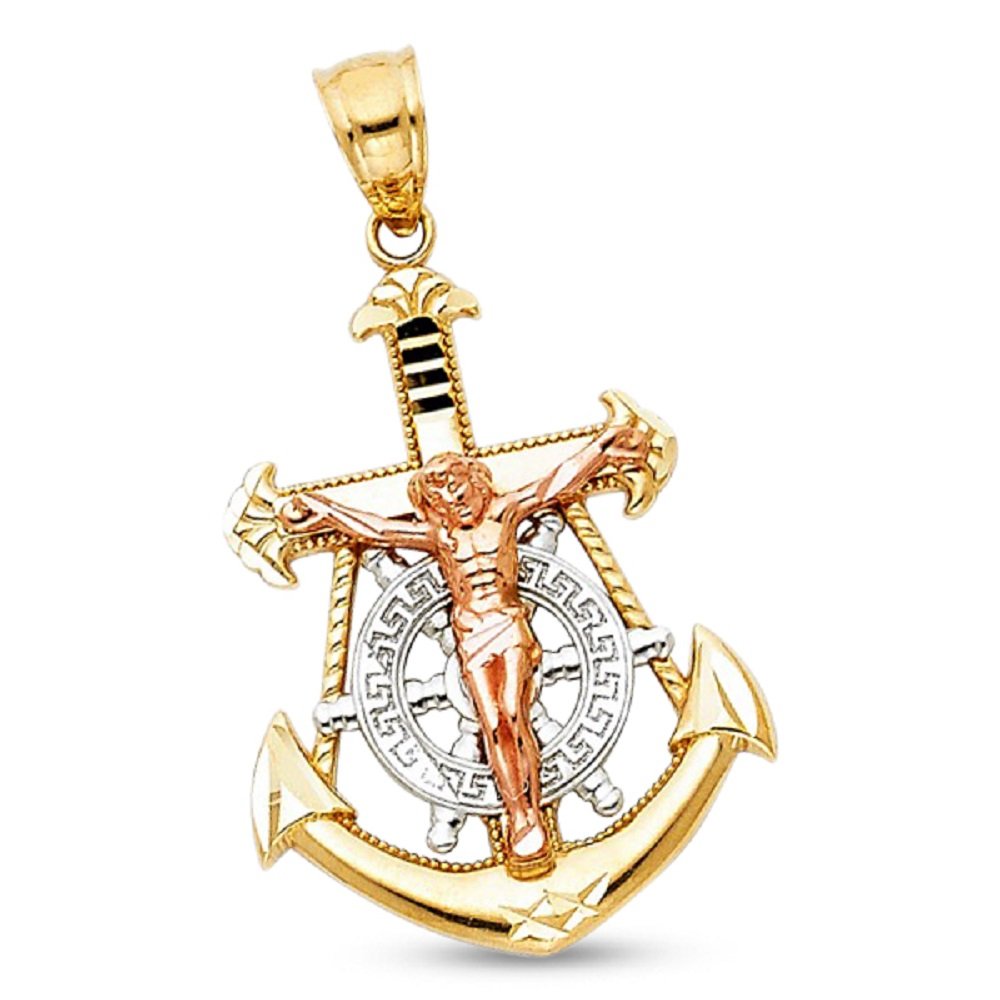 14K Solid Gold Jesus Anchor Crucifix Pendant - Yellow, White & Rose Gold Mariner Charm (28x18mm) - Perfect for Religious Gifts, Necklace Jewelry & Nautical-Themed Accessories