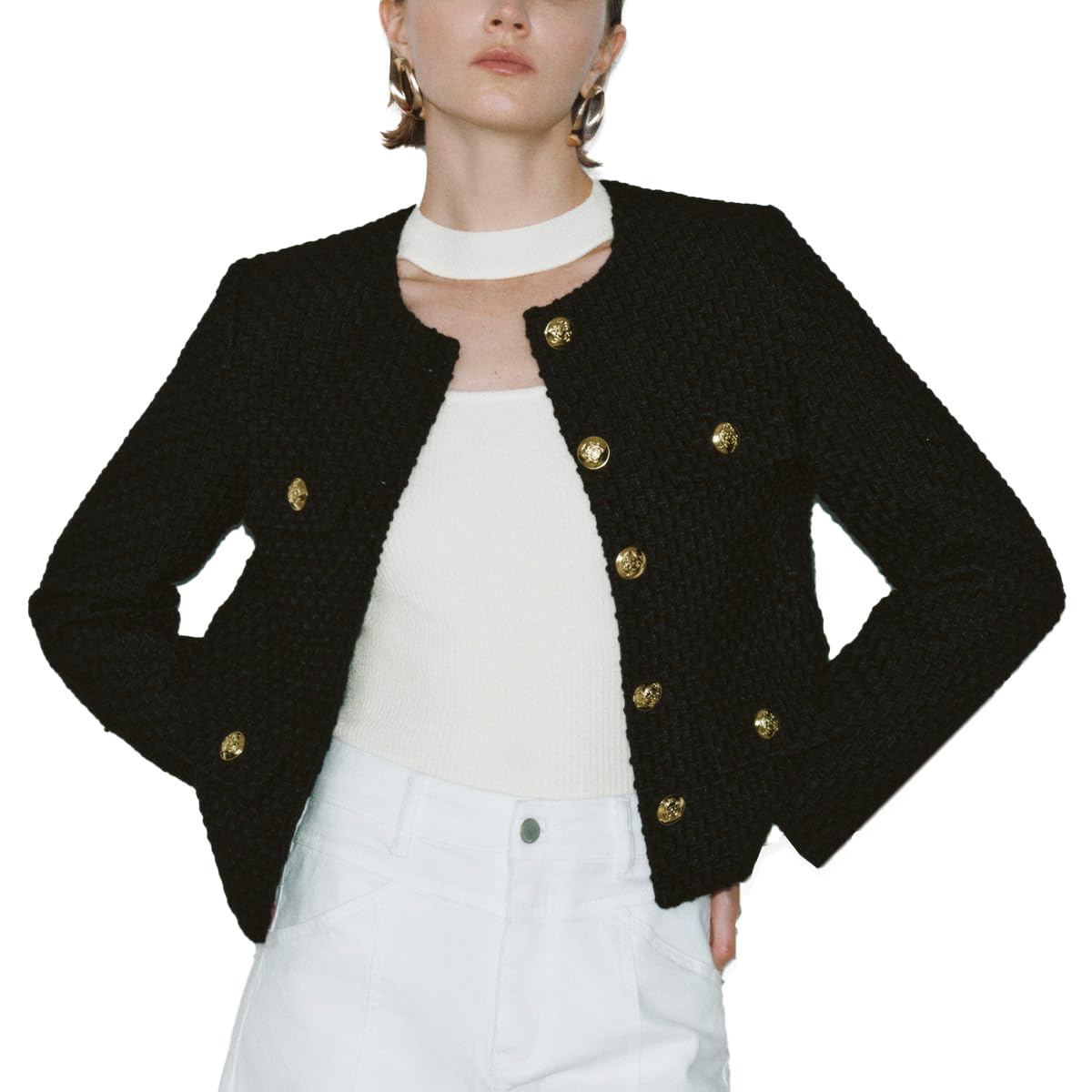 Women's Cropped Tweed Blazer Jacket - 2025 Fall Winter Business Casual Long Sleeve Coat for Work, Office & Date Night Outfits | Professional & Stylish Women's Suit Jacket