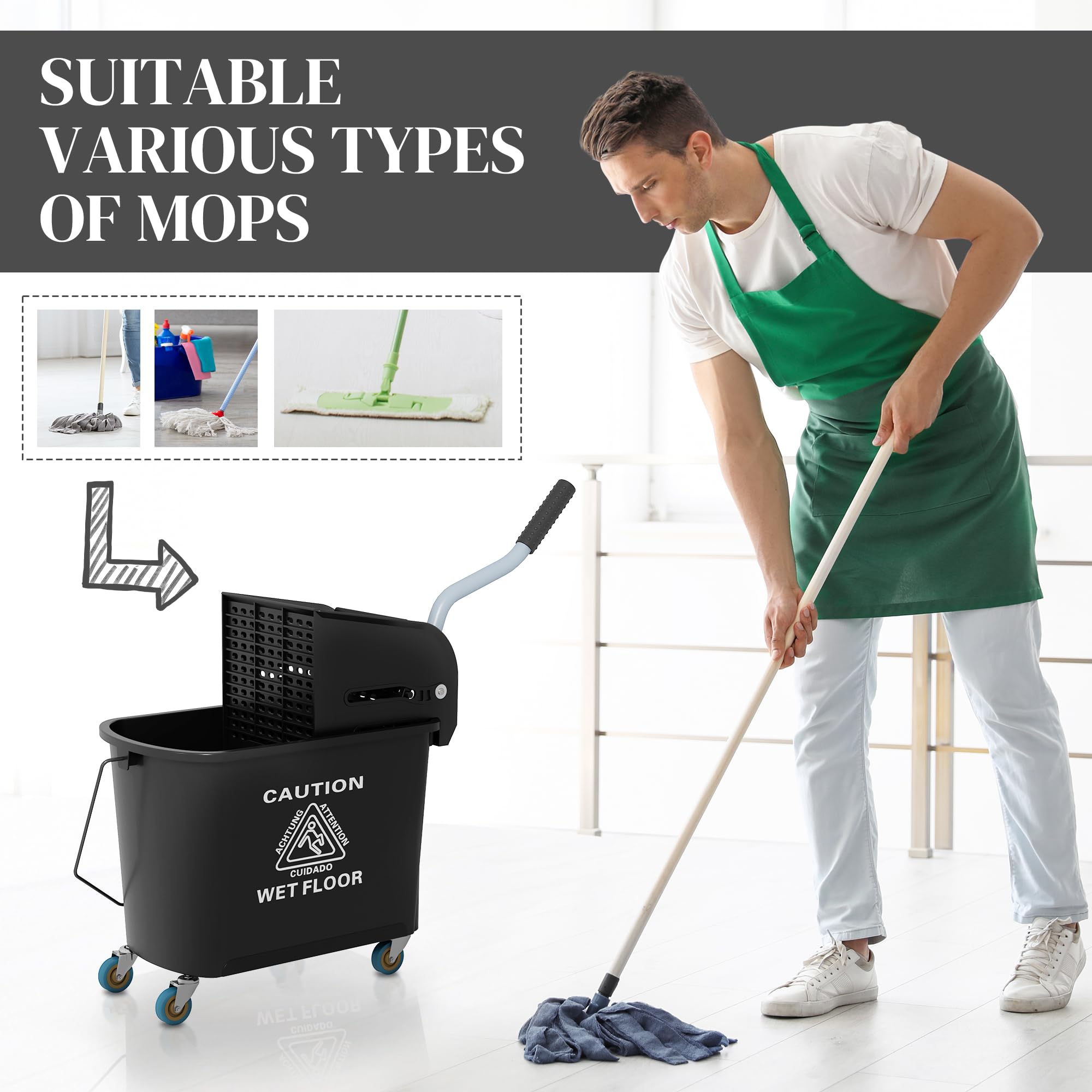 HOMCOM 21 Quart Mop Bucket with Wringer on Wheels - Dual Chamber for Dirty & Clean Water Separation - Easy Floor Cleaning Solution for Home, Office & Commercial Use - Black
