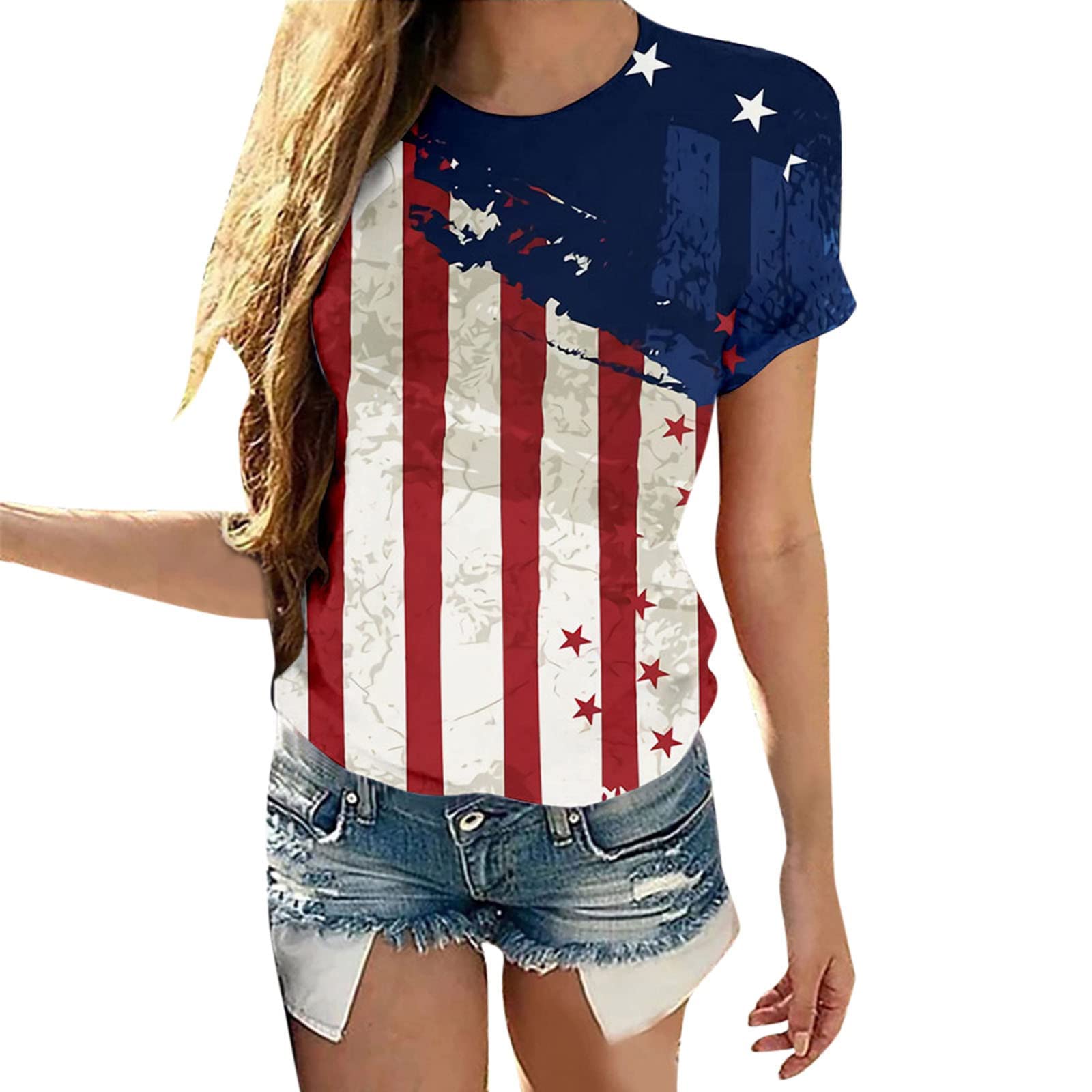 Women's Patriotic 4th of July T-Shirts - American Flag Print Short Sleeve Crewneck Blouse for Summer - Casual Independence Day Tees for BBQ, Beach & Festivals