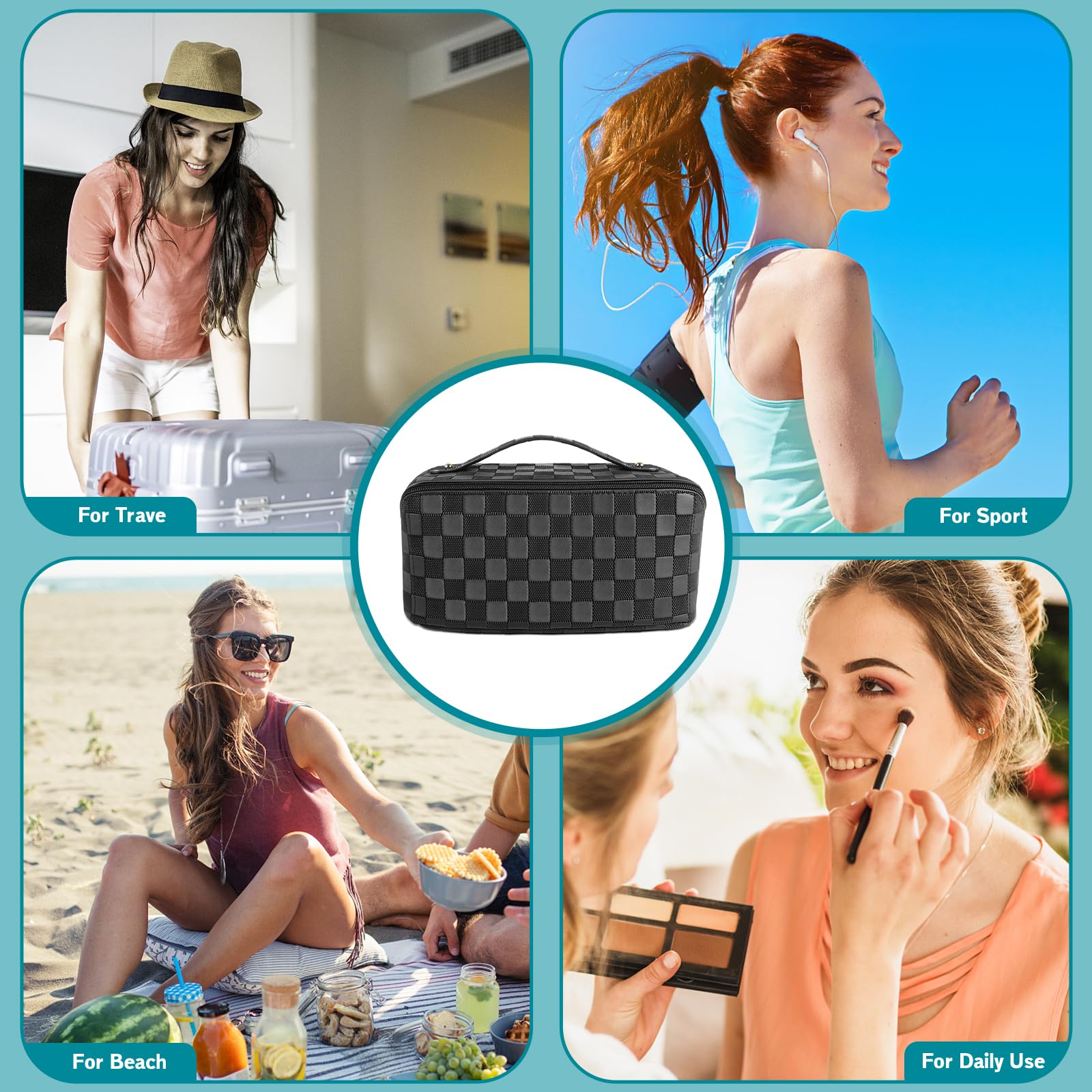 Large Capacity Waterproof PU Leather Travel Makeup Bag with Handle & Divider - Portable Cosmetic Organizer for Women, Checkered Design (Black) | Perfect for Vacation, Business Trips & Daily Use