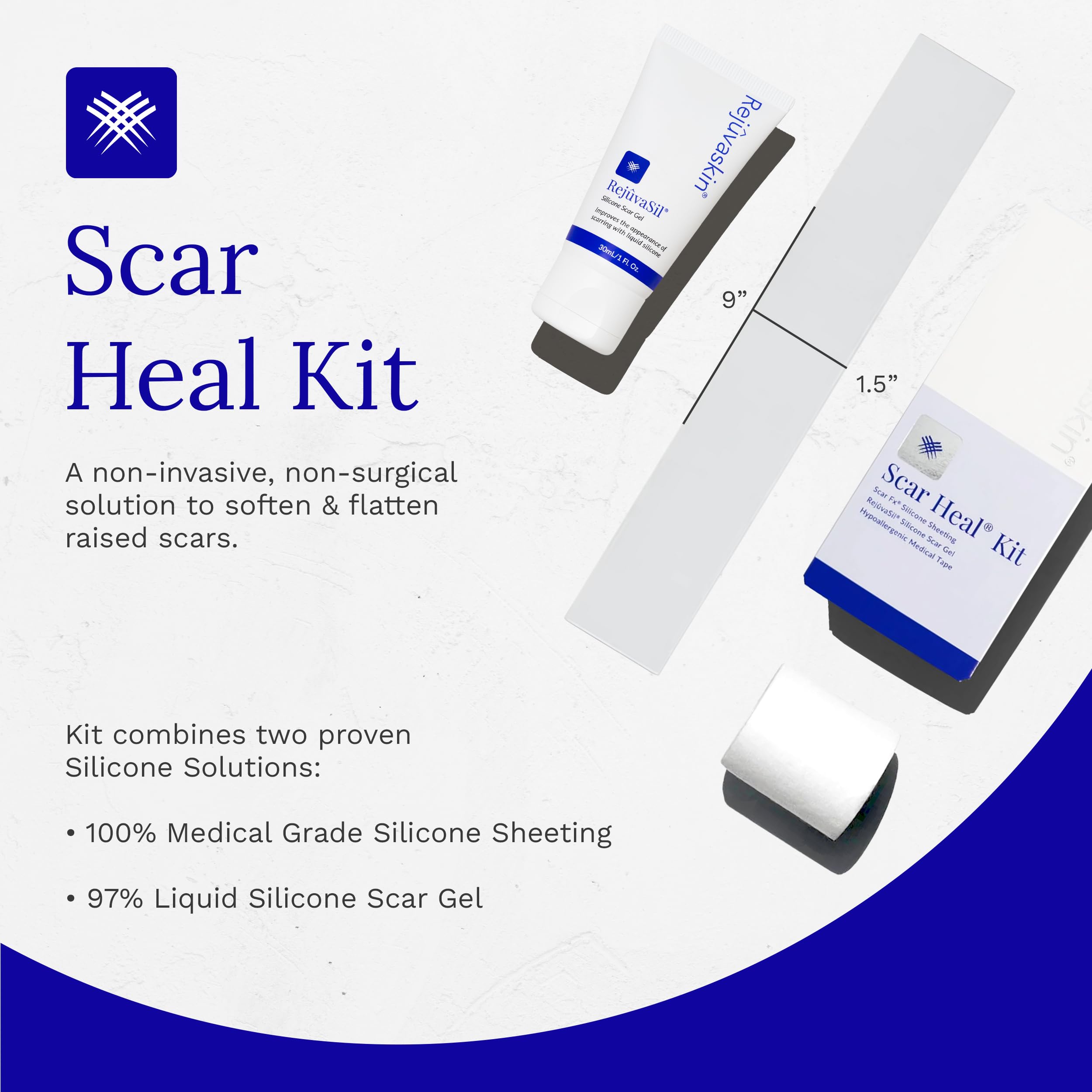 Rejuvaskin Scar Healing Kit for Small Scars - Soften, Flatten & Reduce Appearance with Silicone Sheeting, RejuvaSil Gel & Medical Tape (1.5