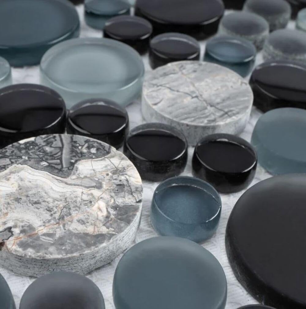 Midnight Bardiglio Grey and Black Bubble Round Marble Glass Mosaic Tile - 10 Sheets for Kitchen Backsplash, Bathroom Shower, Accent Wall - Waterproof Peel-and-Stick Wall Decor for Modern Home & Commercial Spaces