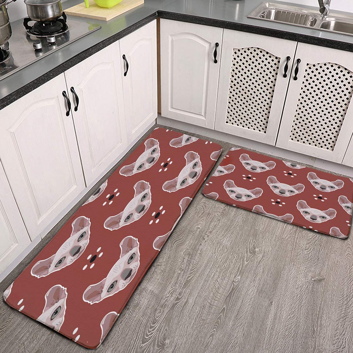 **Anti-Fatigue Kitchen Floor Mat Set - 2-Piece Non-Slip Cushioned Rug with Funny Cat Faces & Burgundy Polka Dot Floral Design - Perfect for Sink, Standing Desk, Hallway & Home Decor**