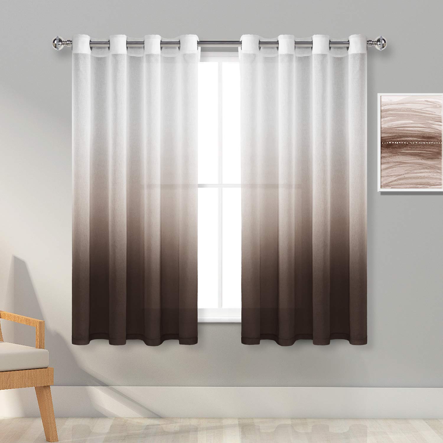 Ombre Sheer Curtains - Faux Linen Voile Grommet Gradient Window Drapes for Bedroom & Living Room, 52x54 Inch, Brown (2 Panels) - Light Filtering & Privacy for Modern Home Decor