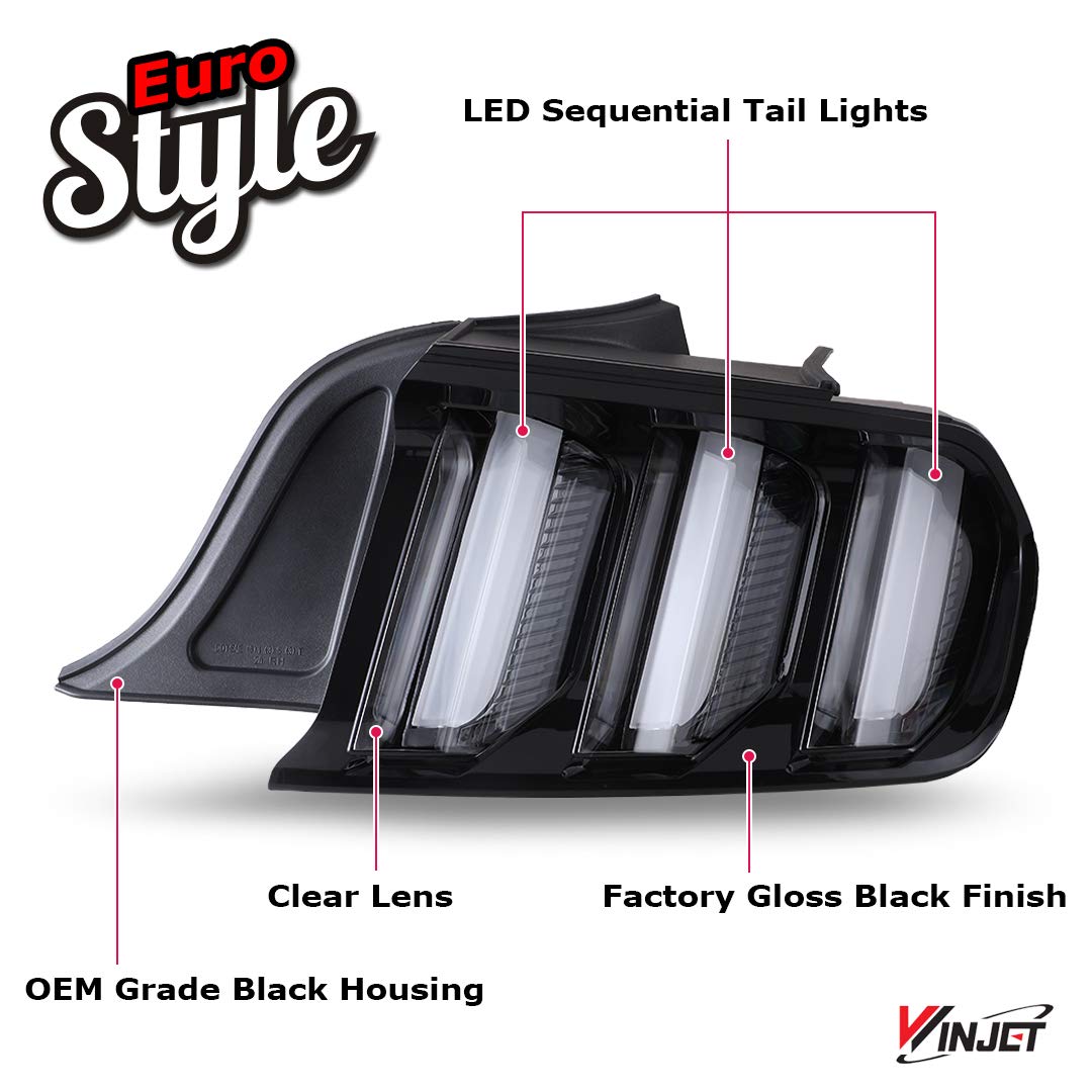 Winjet Euro Style LED Sequential Tail Lights - Compatible with Ford Mustang 2015-2020 Models - Clear Lens Rear Lamps for Enhanced Visibility & Style - Perfect for Night Driving & Car Customization