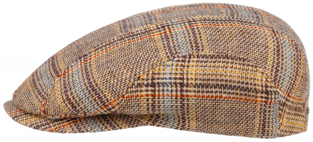 Stetson Kent Linen Flat Cap - Tan/Olive Glen Check Classic Men's Hat for Casual & Outdoor Wear | Perfect for Golf, Hiking, and Everyday Fashion