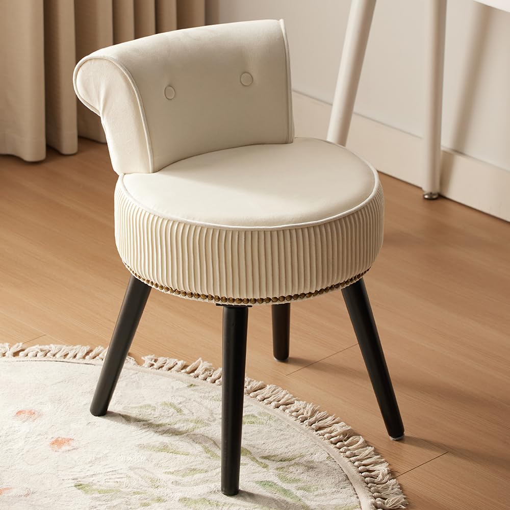 White Velvet Vanity Stool with Back - Tufted Makeup Chair for Women, Small Accent Chair for Dressing Table, Perfect for Bedroom Vanity, Boudoir & Beauty Salon