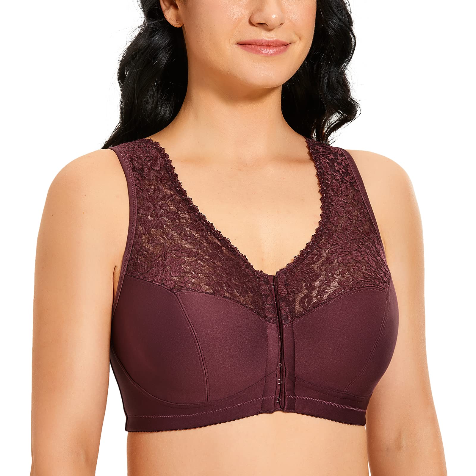 DELIMIRA Women's Front Closure Bras - Racerback Wireless Plus Size Full Coverage Lace Bra for Comfort & Support | Perfect for Everyday Wear, Workouts & Lounge