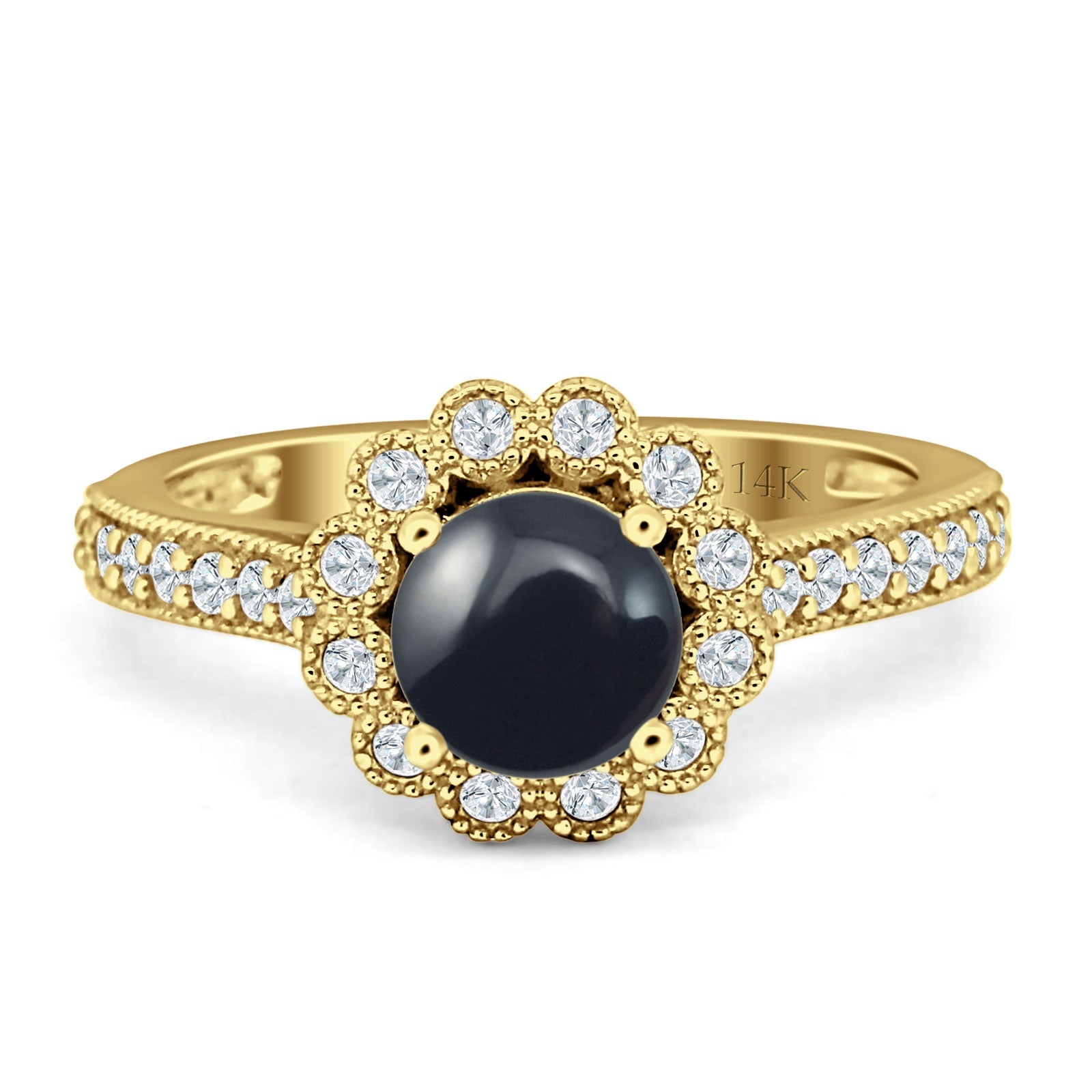 14K Yellow Gold Round Natural Black Onyx Vintage Style Flower Ring for Women - Elegant Boho Jewelry Gift for Birthday, Anniversary & Special Occasions
