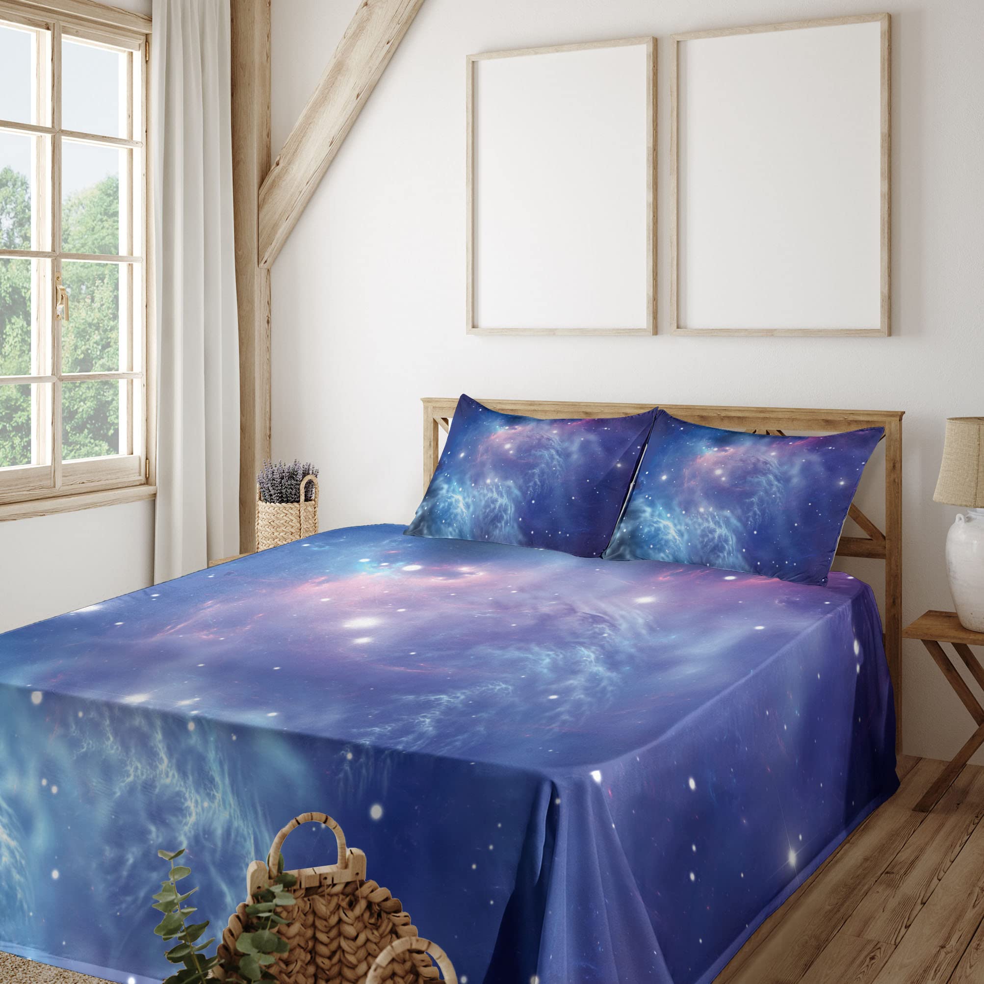 Ambesonne Outer Space Galaxy Bed Sheet Set - Twin XL, Purple Navy - 3 Piece Set with Fitted Sheet, Flat Sheet & Pillowcase - Astronomy Nebula Star Cluster Design - Perfect for Space Themed Bedrooms, Kids Rooms & Science Lovers