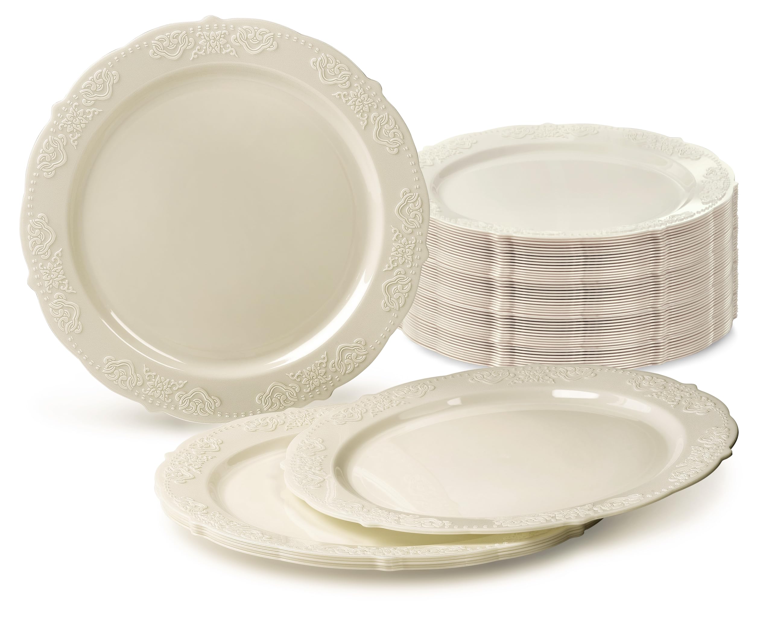 Vintage Style Disposable Plastic Plates - 120 Pack (10.25'' Dinner Plates, Portofino Ivory) for Weddings, Parties & Special Occasions - Elegant & Convenient Tableware for Events