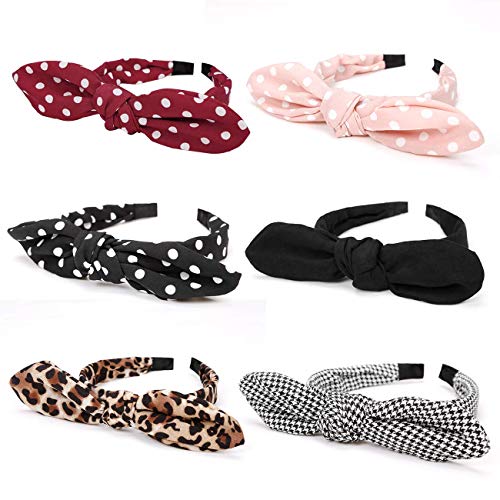 BAKEFY 6-Pack Vintage Polka Dot Turban Headwrap Headbands with Bunny Ears - Stylish Plastic Hair Accessories for Women & Girls | Perfect for Cosplay, Parties, and Everyday Fashion