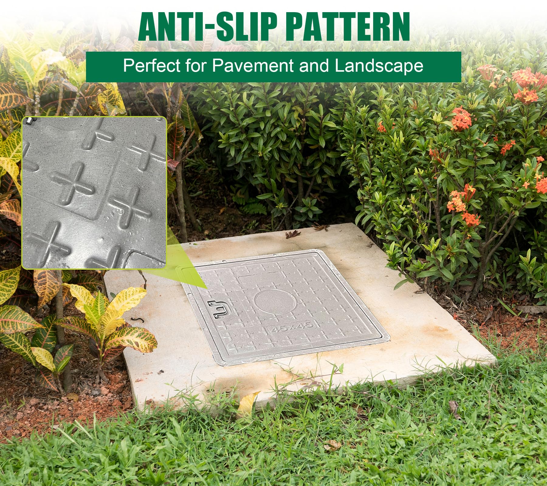 18x18in Fiberglass Manhole Cover & Frame - 14x14in Clear Opening, 16x16in Solid Top Cover - Reinforced Steel Septic Tank Lid with Handle - Durable Sewer Cover for Underground Utility Access & Drainage Systems