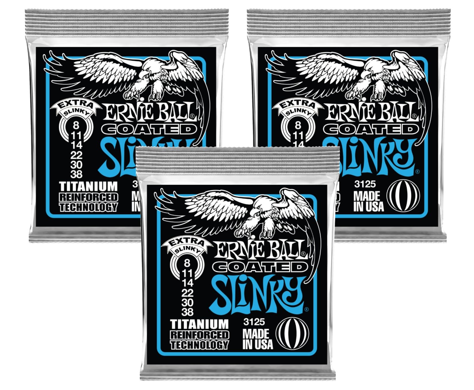 3-Pack Ernie Ball 3125 Coated Titanium Extra Slinky Electric Guitar Strings (8-38 Gauge) - Perfect for Rock, Blues & Metal Performances
