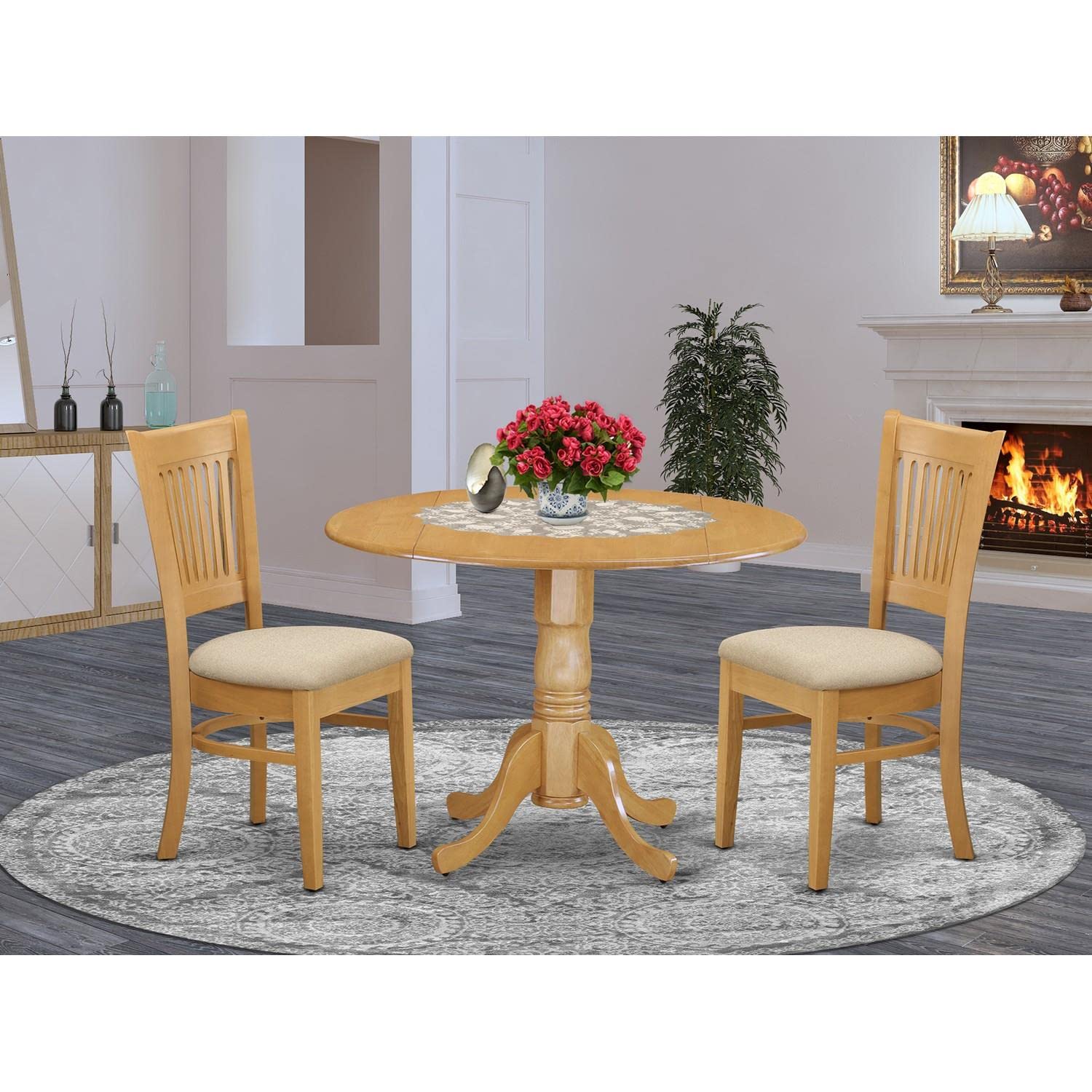 East West Furniture DLVA3-OAK-C 3-Piece Oak Dining Set with Round Drop-Leaf Table & 2 Upholstered Chairs, 42x42 Inch - Perfect for Small Spaces, Breakfast Nooks & Cozy Apartments