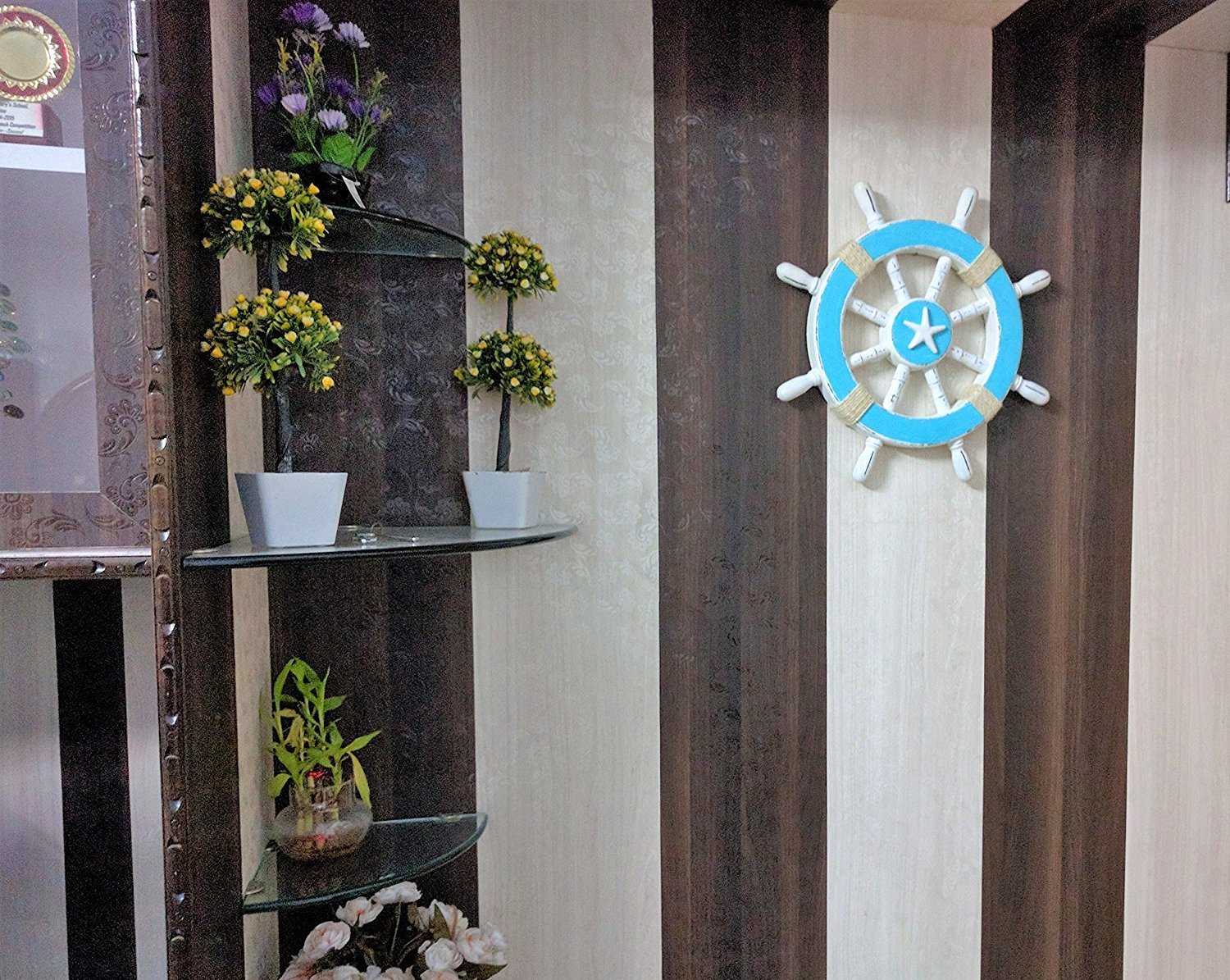 Nagina International Rustic Ocean Blue Nautical Ship Wheel Wall Decor with Roped Starfish Motif – 42 Inch Pirate-Themed Coastal Home Decor for Living Room, Bedroom, or Beach House