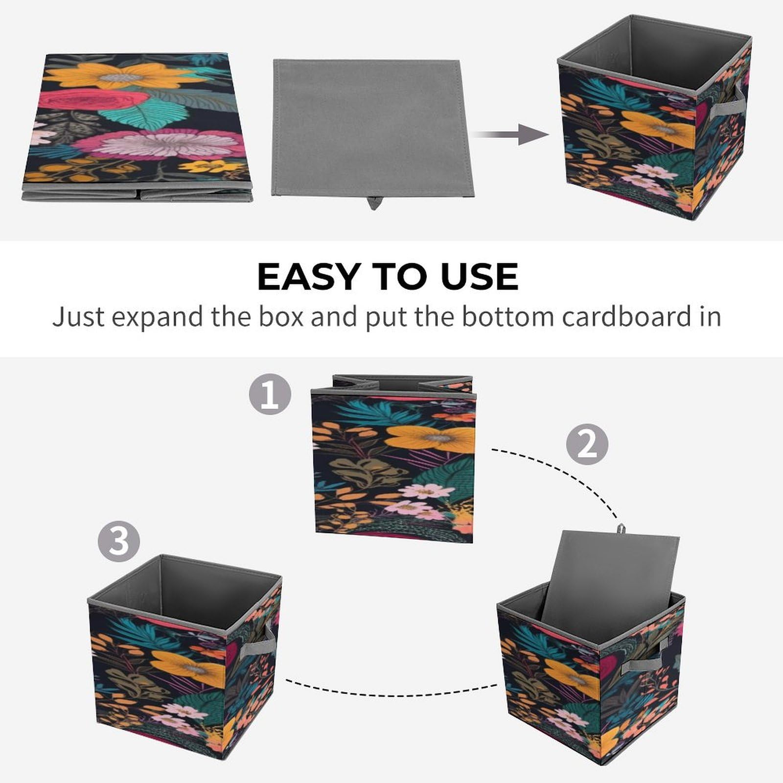 Collapsible Storage Cubes 10.6×10.6 Inches - Foldable Fabric Bins with Handles, Boho Floral Printed Organizer Baskets for Home, Office & Closet Organization | Perfect for Toys, Books & Laundry Storage