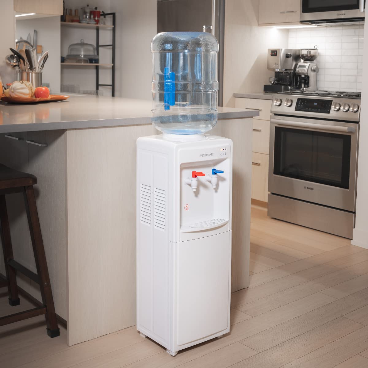 Farberware FW29919 Freestanding Hot and Cold Water Cooler Dispenser - Top Loading Water Dispenser with Storage Cabinet, White | Office, Home & Kitchen Use