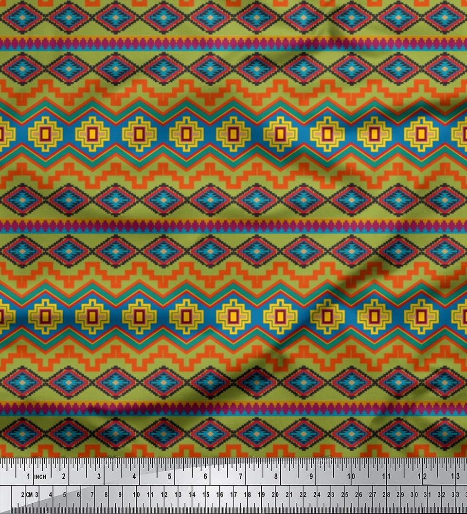 Soimoi Moss Green Georgette Fabric by The Yard - 42 Inch Wide Aztec Geometric Printed Material - Tribal Contemporary Fusion for Dresses, Curtains & Home Decor | Fashion & DIY Craft Projects
