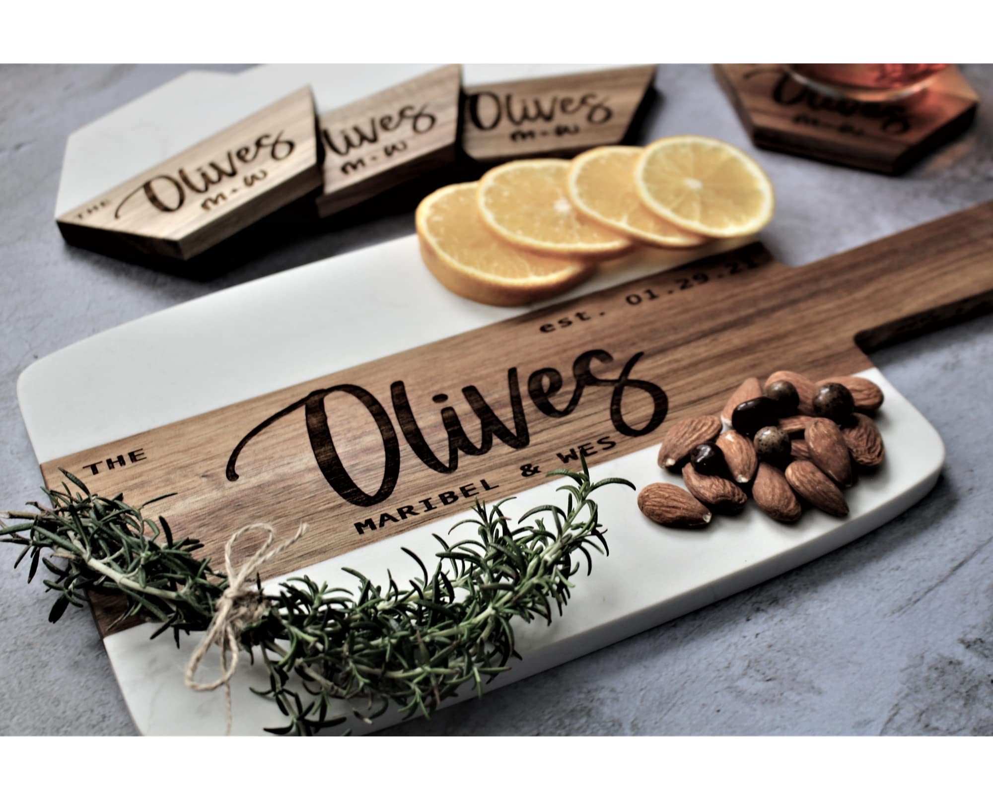 Personalized Marble and Wood Cutting Board Set with Coasters - Custom Engraved Charcuterie Board for Kitchen, Entertaining - Perfect Christmas, Anniversary, Wedding, Bridal Shower, Engagement & Housewarming Gift Idea for Food Lovers