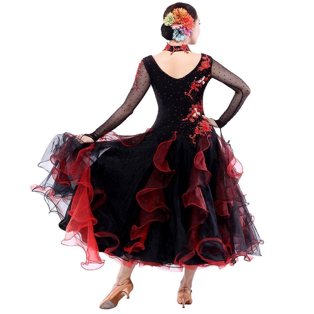 Elegant Women's Modern Waltz Tango Smooth Ballroom Dance Dress - Standard Competition Dress (Size 2XL) in Black - Perfect for Ballroom Dancing, Latin Dance & Professional Performances