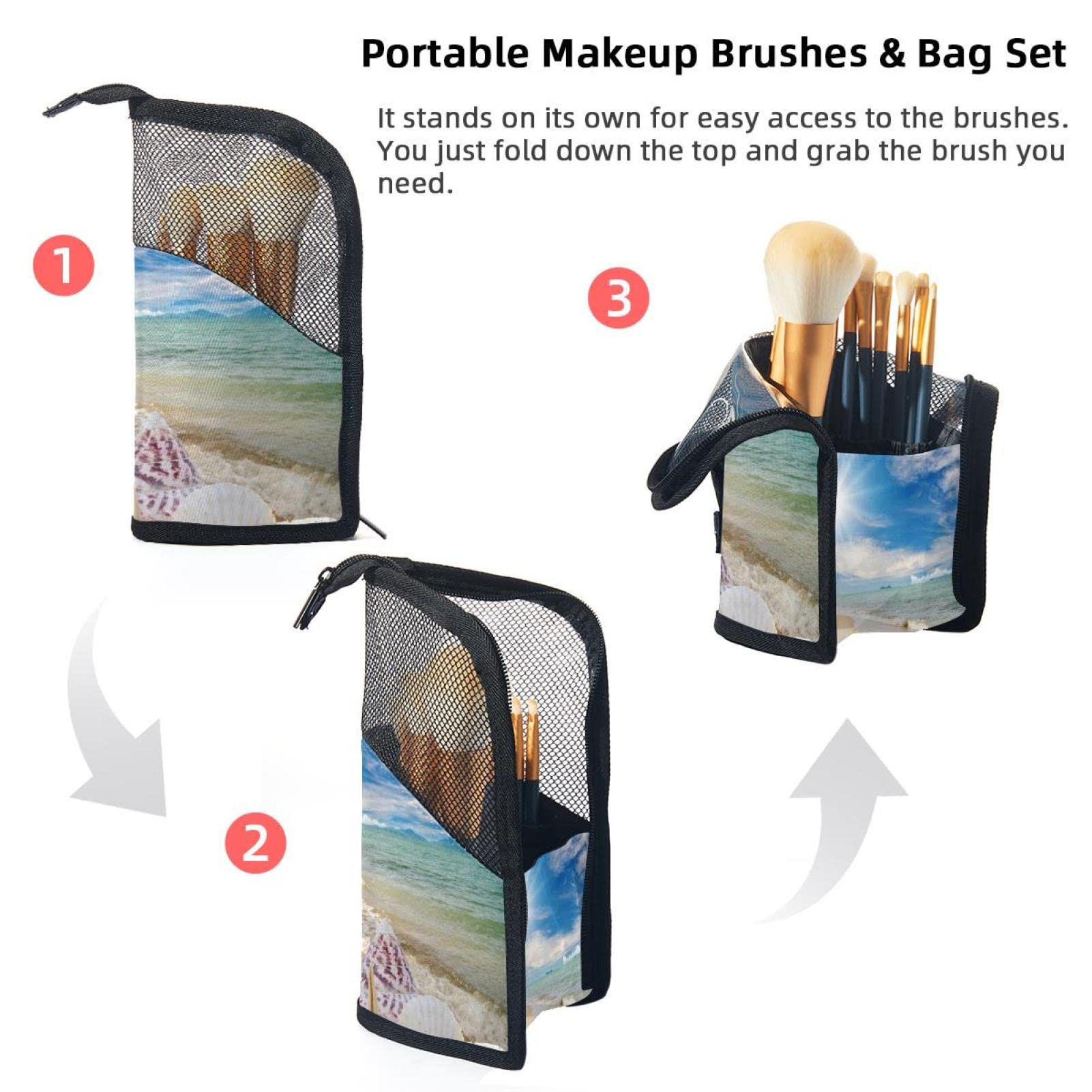12-Piece Makeup Brush Organizer Bag with Shell & Cloud Design - Portable Cosmetic Brush Holder Case for Travel, Home & Professional Use
