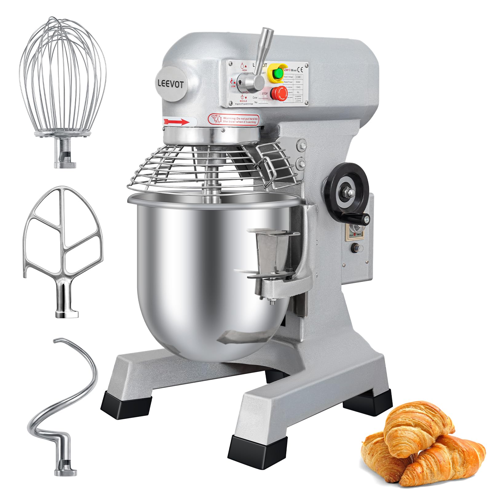 500W 10 Qt Commercial Food Mixer with 3-Speed Adjustment & Timer - Heavy Duty Stainless Steel Dough Mixer for Bakeries, Pizzerias, Restaurants & Catering Businesses - Perfect for Kneading Bread, Pizza Dough & Baking Pastries