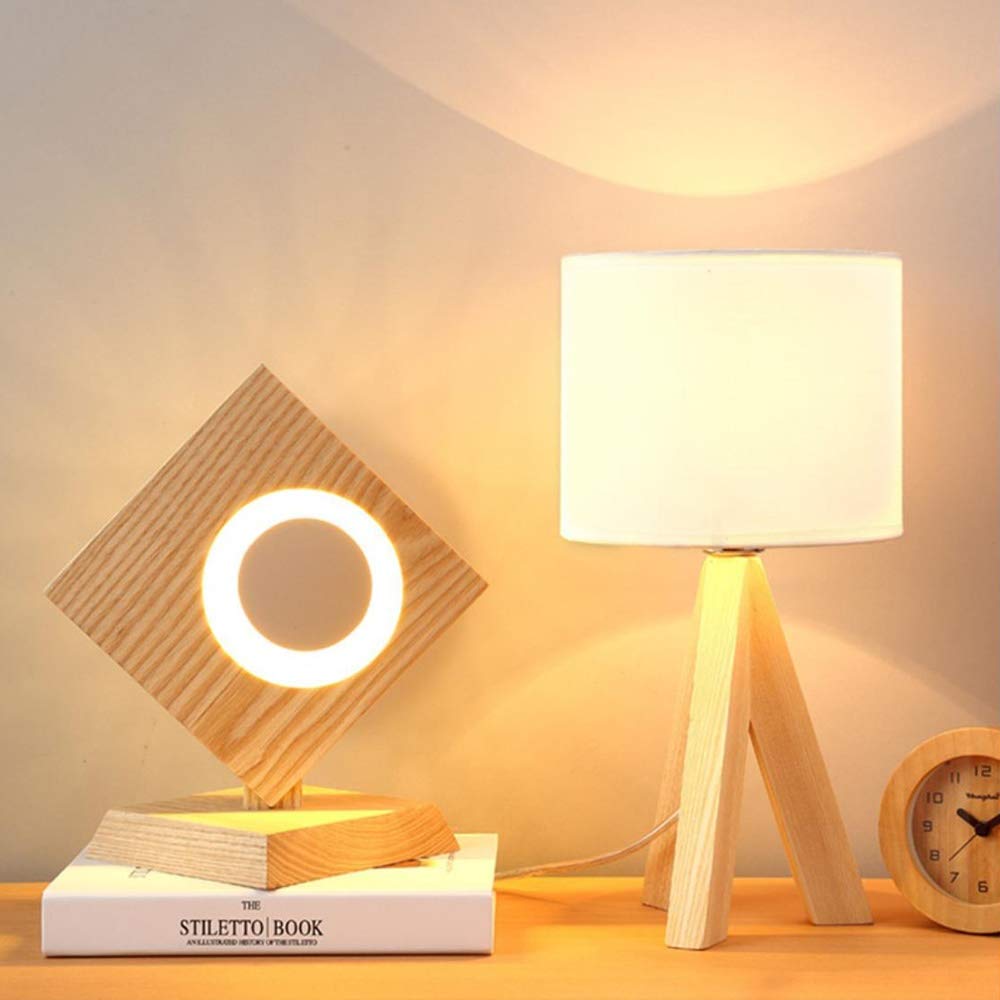 Modern Wooden Tripod Bedside Lamp with Fabric Linen Lampshade - Eye-Protecting Desk Lamp for Bedroom, Living Room & Office - Simple Nordic Style Nightstand Lighting for Home Decor