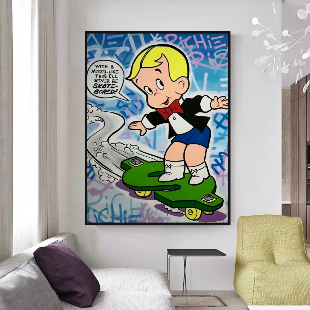 Alec Monopoly Richie Rich Money Skating Art Print - Pop Culture Wall Decor for Home, Office & Gifts | Street Art Inspired Canvas Painting for Living Room & Bedroom