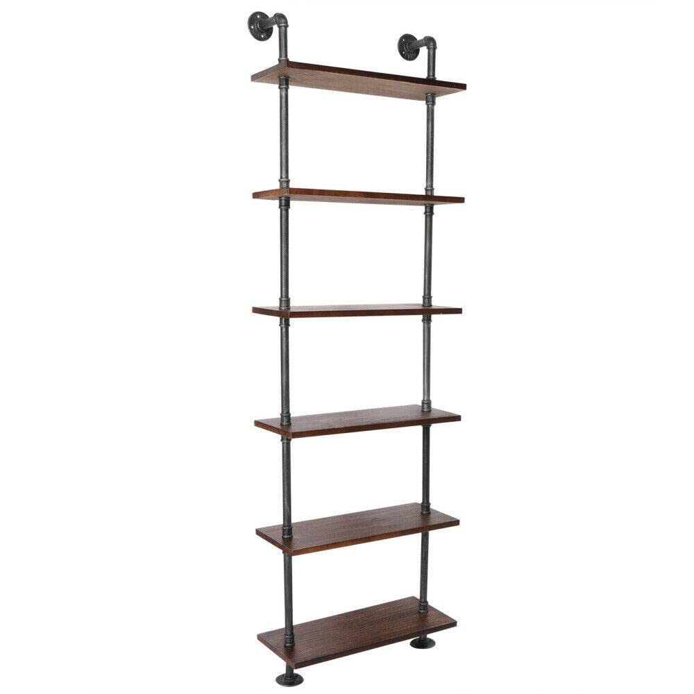 6-Tier Ladder Bookcase Shelf - Brown Wooden Storage Unit for Books, Plants, Shoes & Closet Organization | Wall-Mounted Space-Saving Design for Living Room, Bedroom, Office & Garage Storage Solutions
