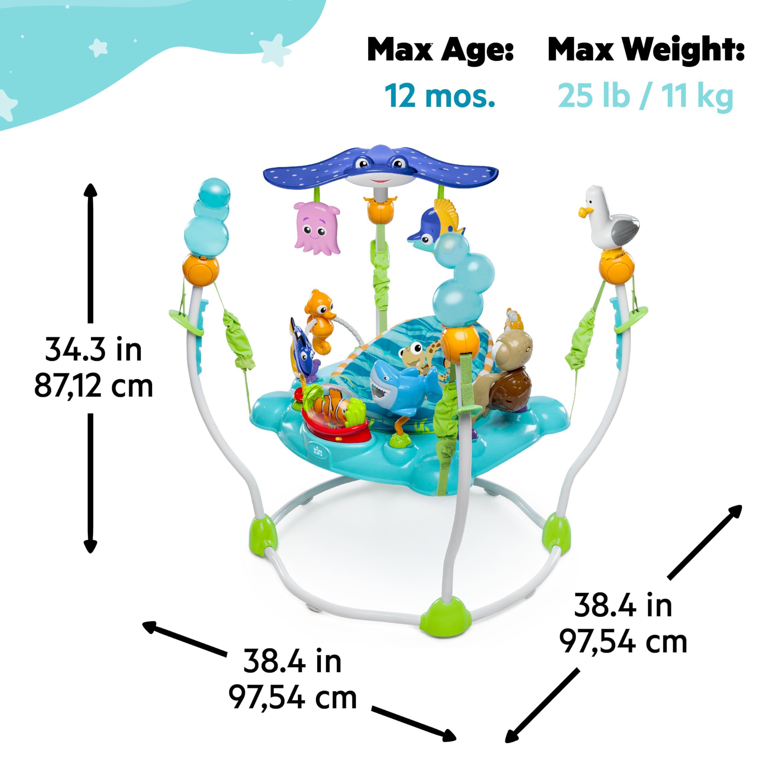 Bright Starts Disney Baby Finding Nemo Sea of Activities Jumper - Interactive Baby Activity Center with Lights, Music & Sounds for Infants 6-12 Months (Blue) - Perfect for Playtime, Learning & Motor Skill Development