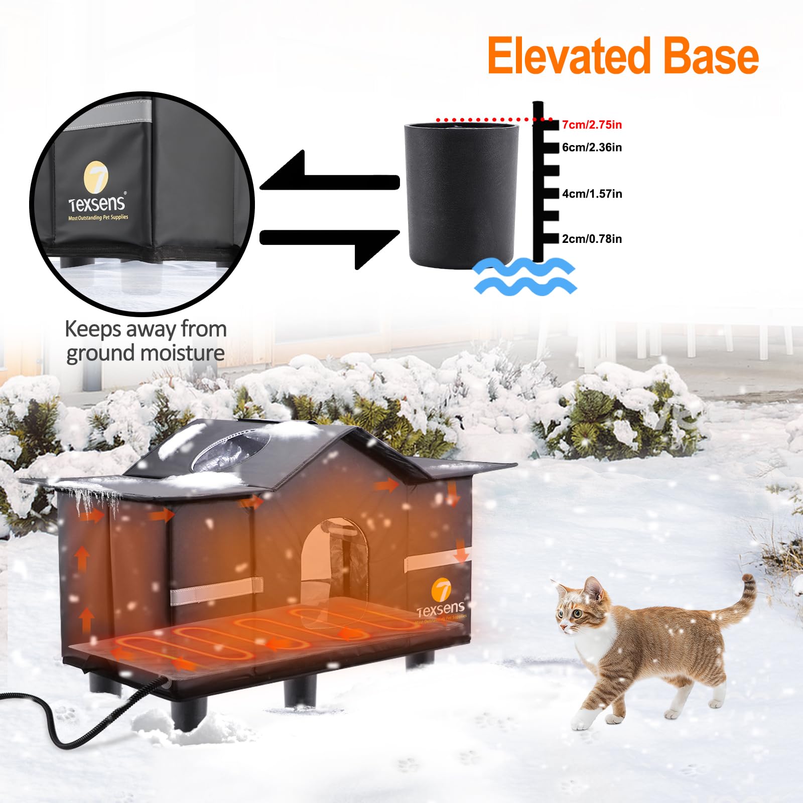 Texsens Heated Cat House for Outdoor Stray & Feral Cats - Weatherproof Large Insulated Shelter with Roof Window, Elevated Design & Cozy Cushion - Waterproof Winter Cat House for Barn, Porch & Backyard Use