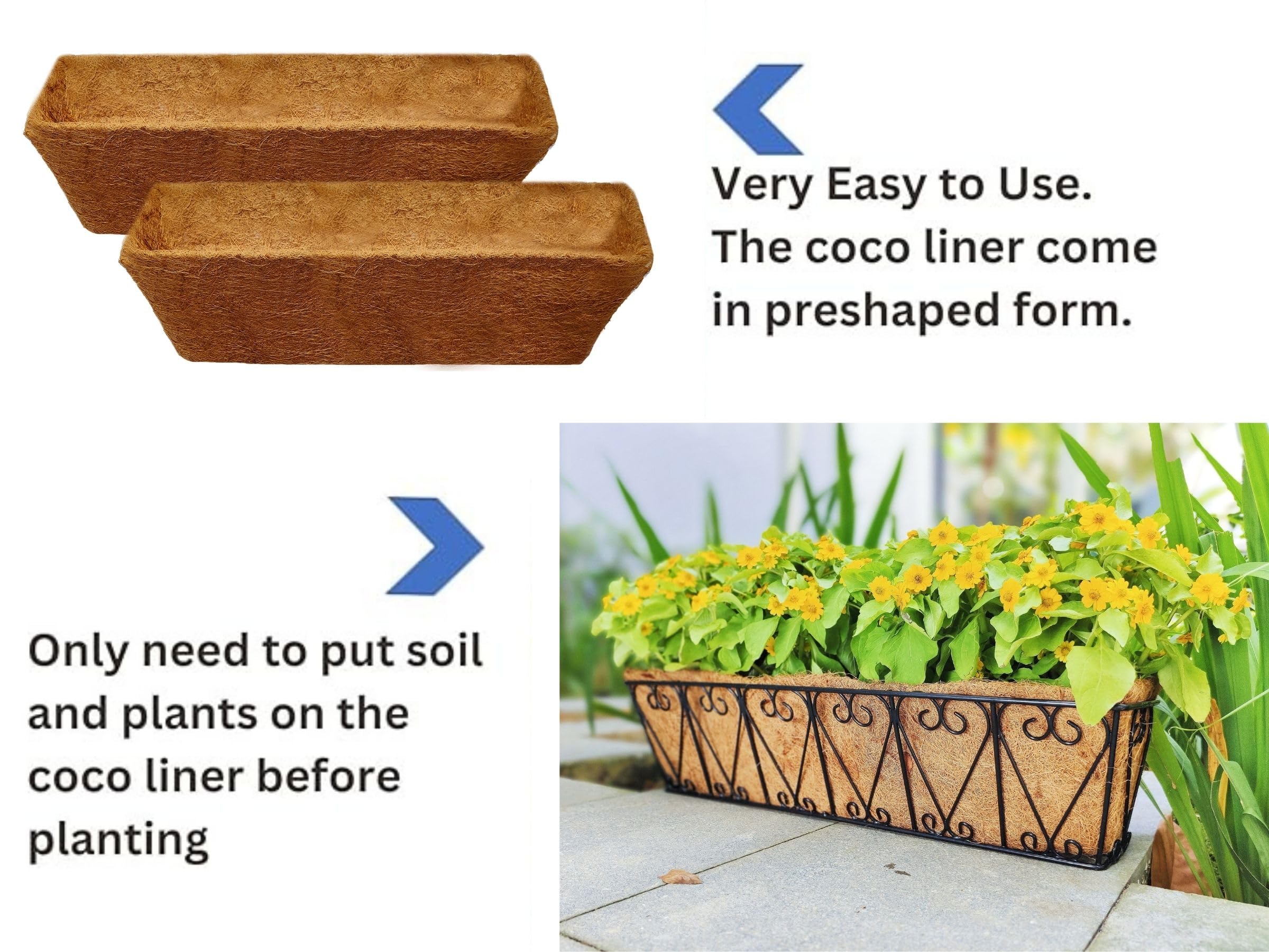 Maxona 16 Inch Rectangular Coco Liner for Planter - 2 Pack Thick Coconut Coir Replacement for Hanging Baskets, Window Boxes & Garden Pots | Durable Fiber Husk for Wall Planters, Fence Decor & Outdoor Gardening