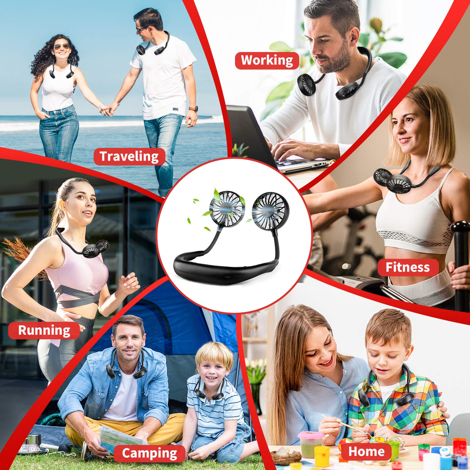 Portable Neck Fan Rechargeable - Hands-Free Personal Cooling Fan with USB Charging, 3 Speed Adjustable & 360° Rotation - Wearable Neckband Fan for Sports, Office, Travel, Reading & Outdoor Activities (Black)